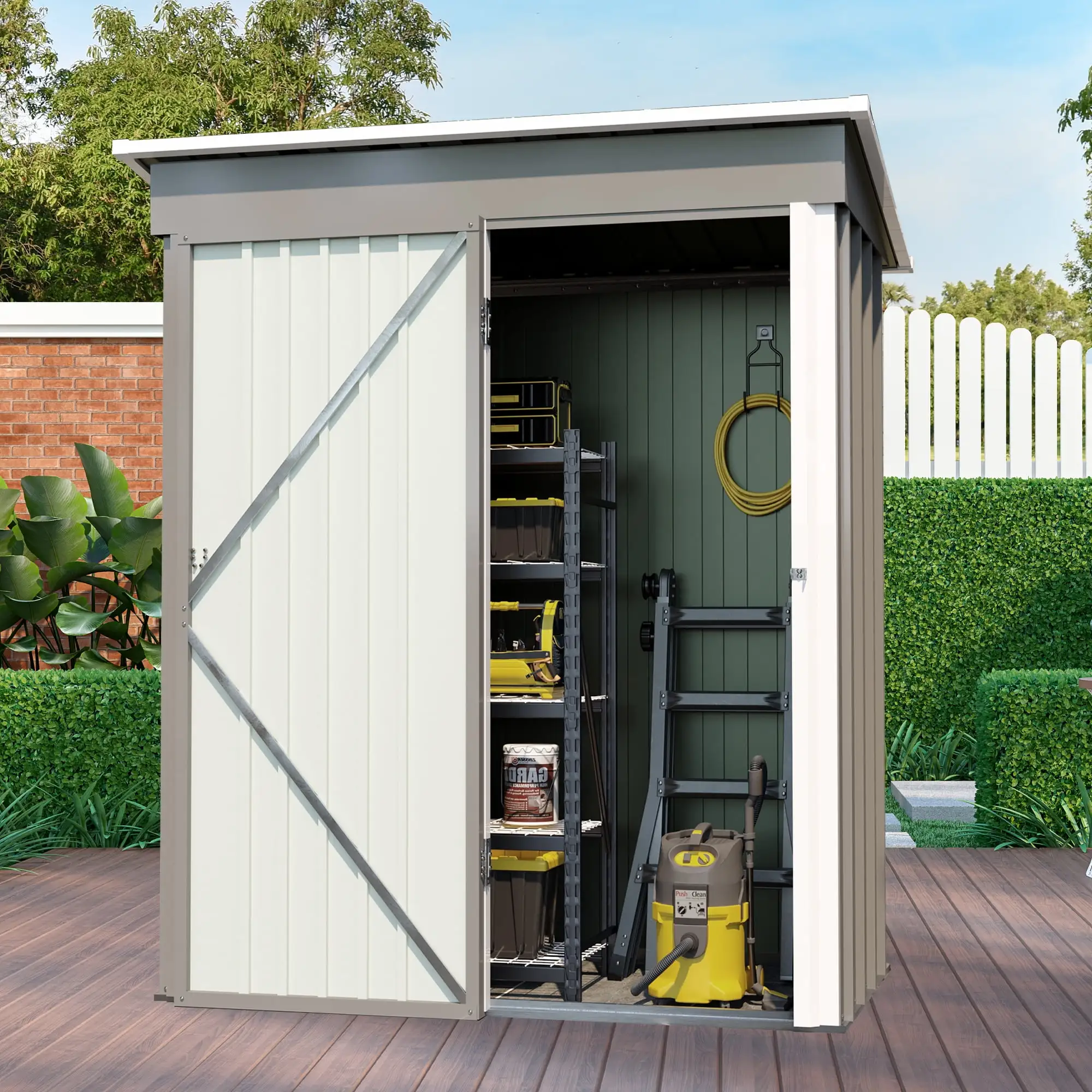 XGeek 5*3 FT Outdoor Storage Shed. Tool Shed with Sloping Roof and Lockable Door. Metal Shed for Backyard Garden Patio Lawn. Grey