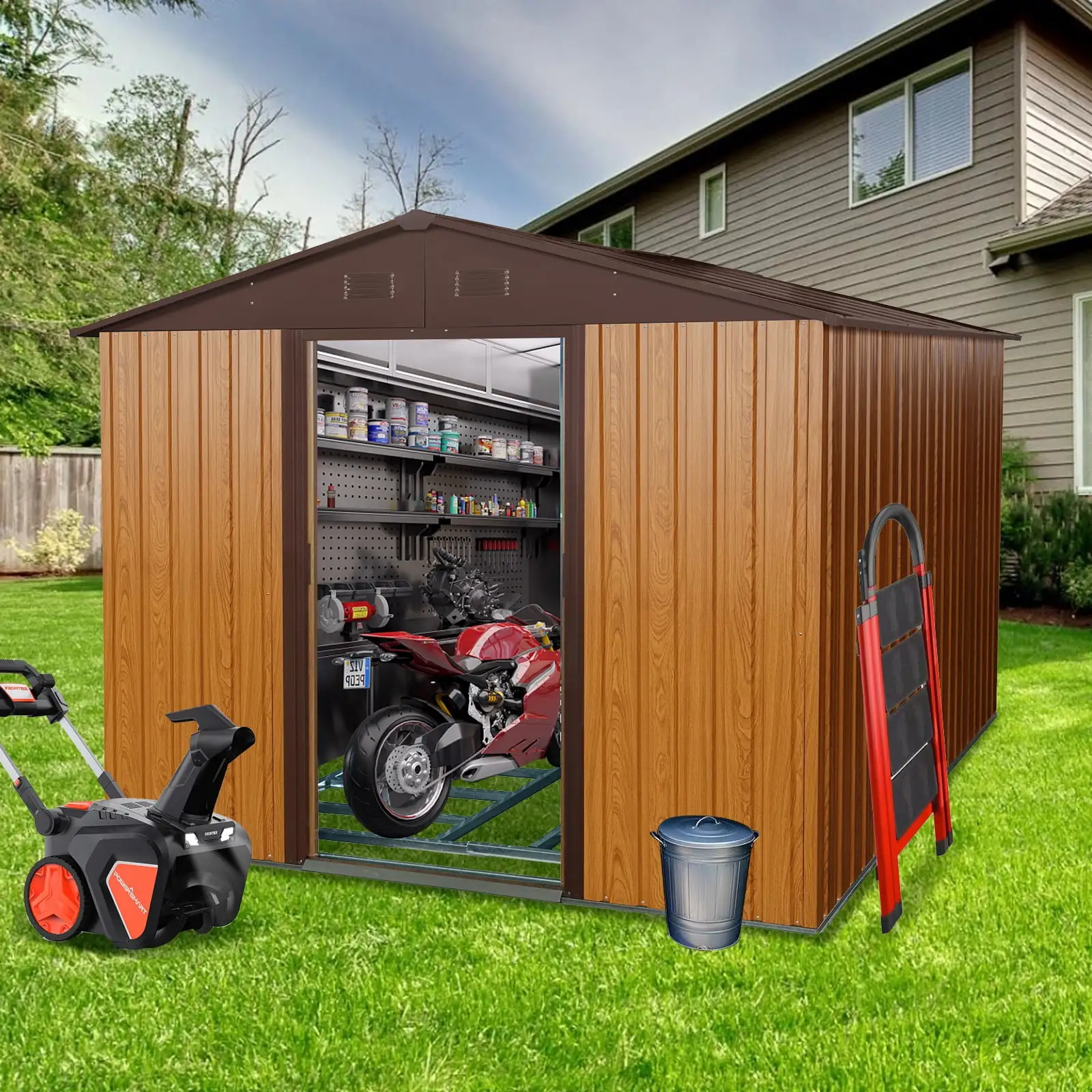 Xshelley 10x8 FT Outdoor Storage Shed. Large Storage Shed Galvanized Steel Waterproof Garden Shed with Lockable Door for Outside Tool Storage Bikes Lawnmower Barbecue Tools. Brown