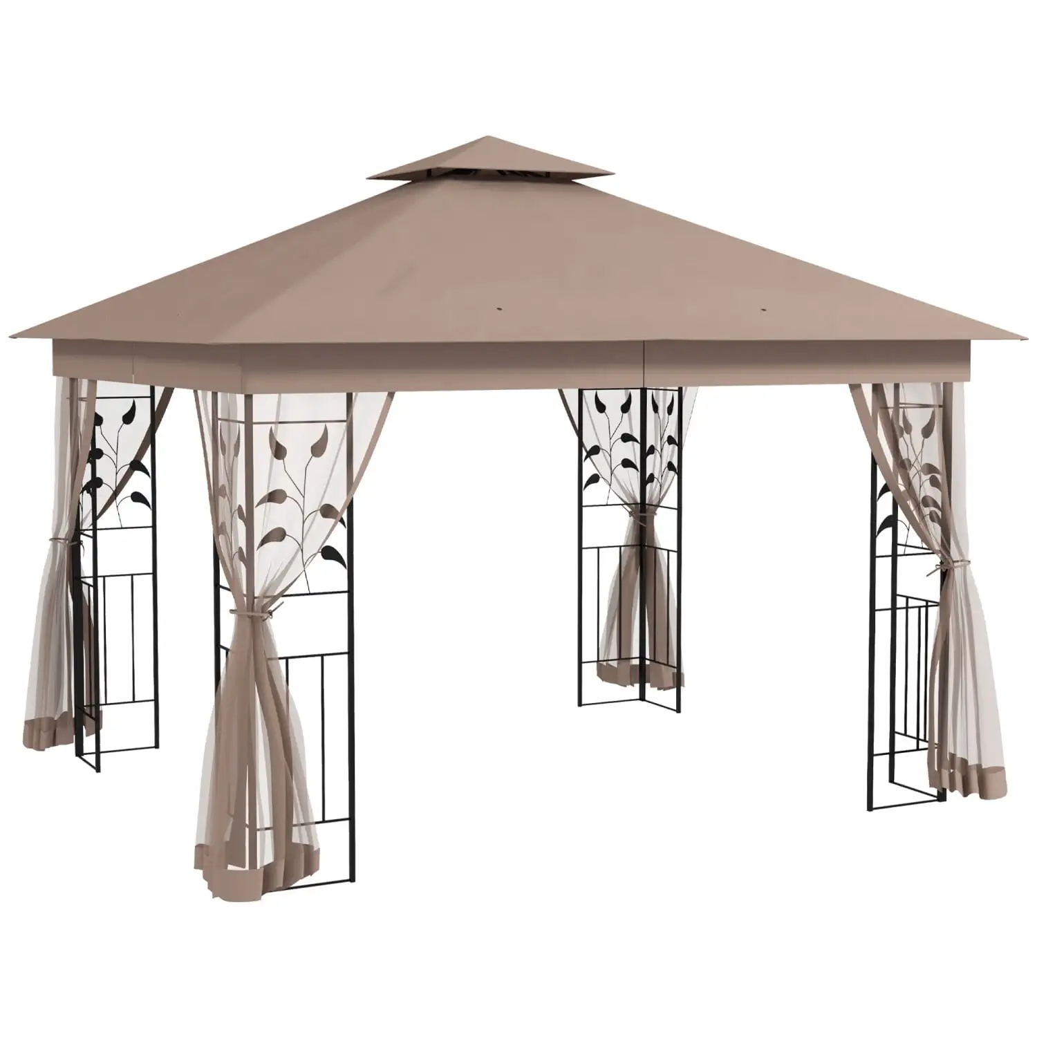 YLtoohoom 10' x 11.5' Metal Patio Gazebo Double Roof Outdoor Gazebo Canopy Shelter with Tree Motifs Corner Frame and Netting for Garden Lawn Backyard and Deck Brown