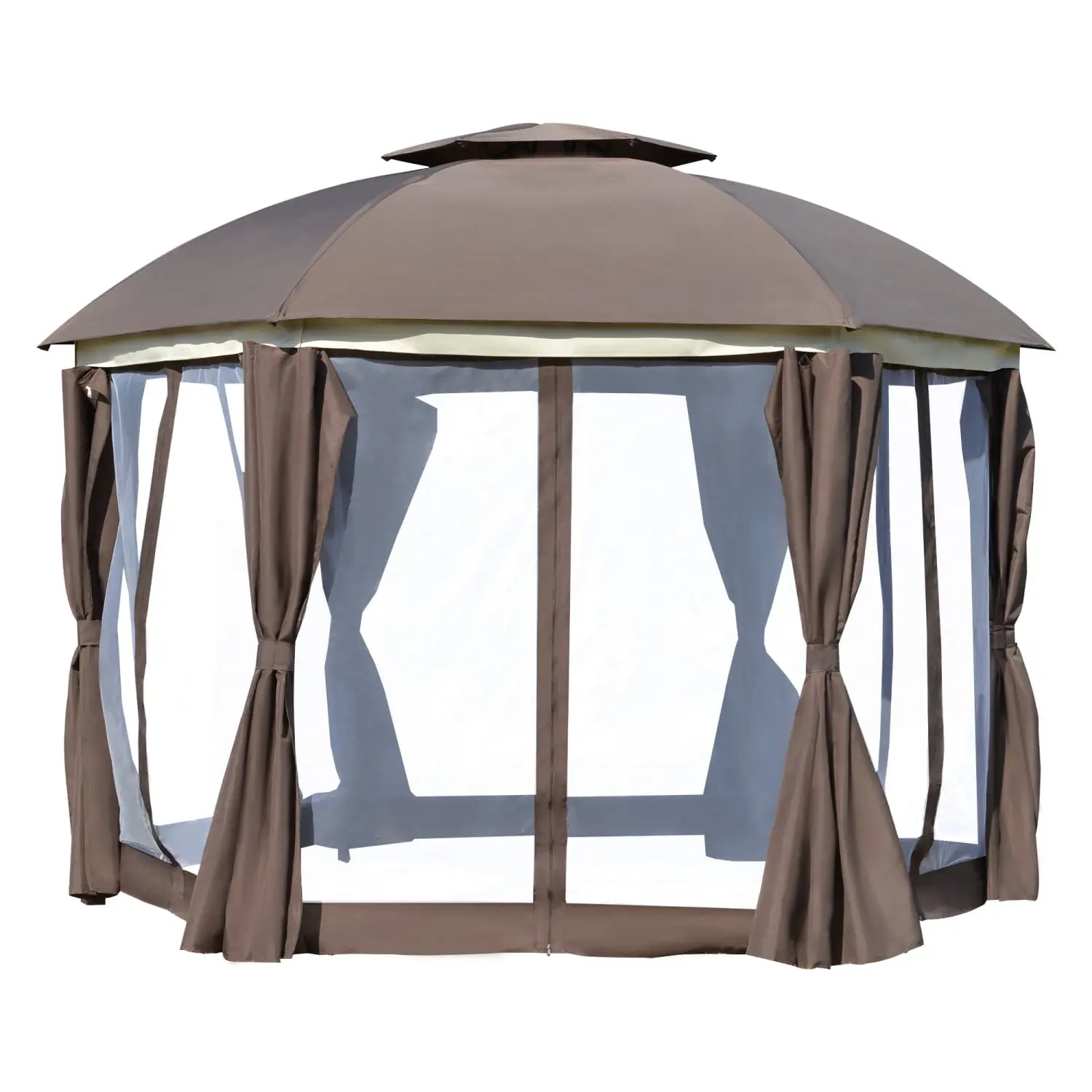 YLtoohoom 12' x 12' Round Outdoor Gazebo Patio Dome Gazebo Canopy Shelter with Double Roof Netting Sidewalls and Curtains Zippered Doors Strong Steel Frame Brown