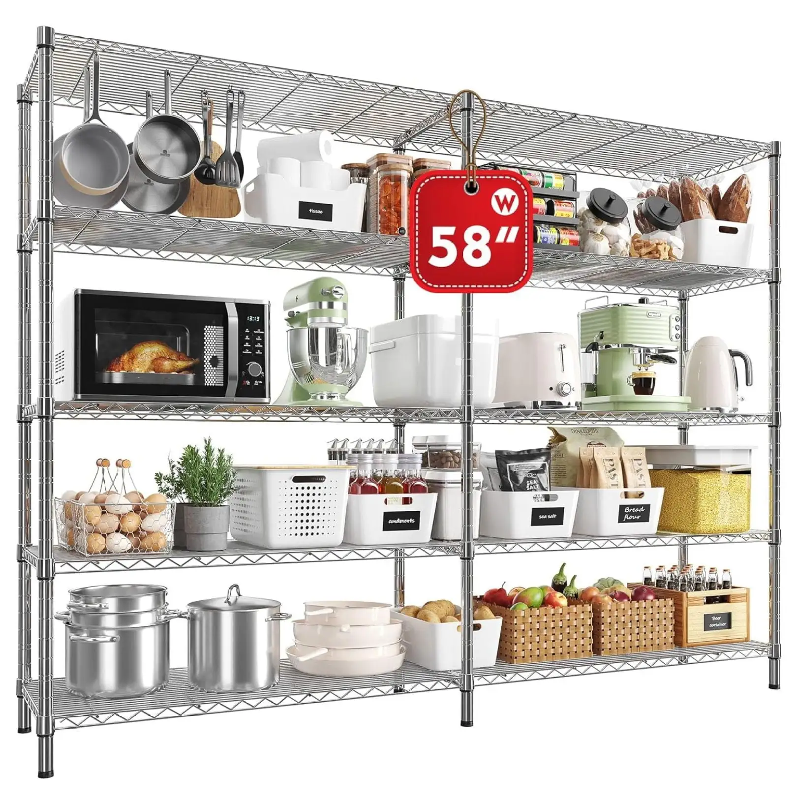 YOSITiuu 58 W Storage Shelves Wire Shelving Load 1400LB Metal Shelves for Storage 5 Tier Heavy Duty Shelving Unit with Shelf Adjustable Garage Shelving Rack Pantry Kitchen 58 W x 59 H x 13.8 D