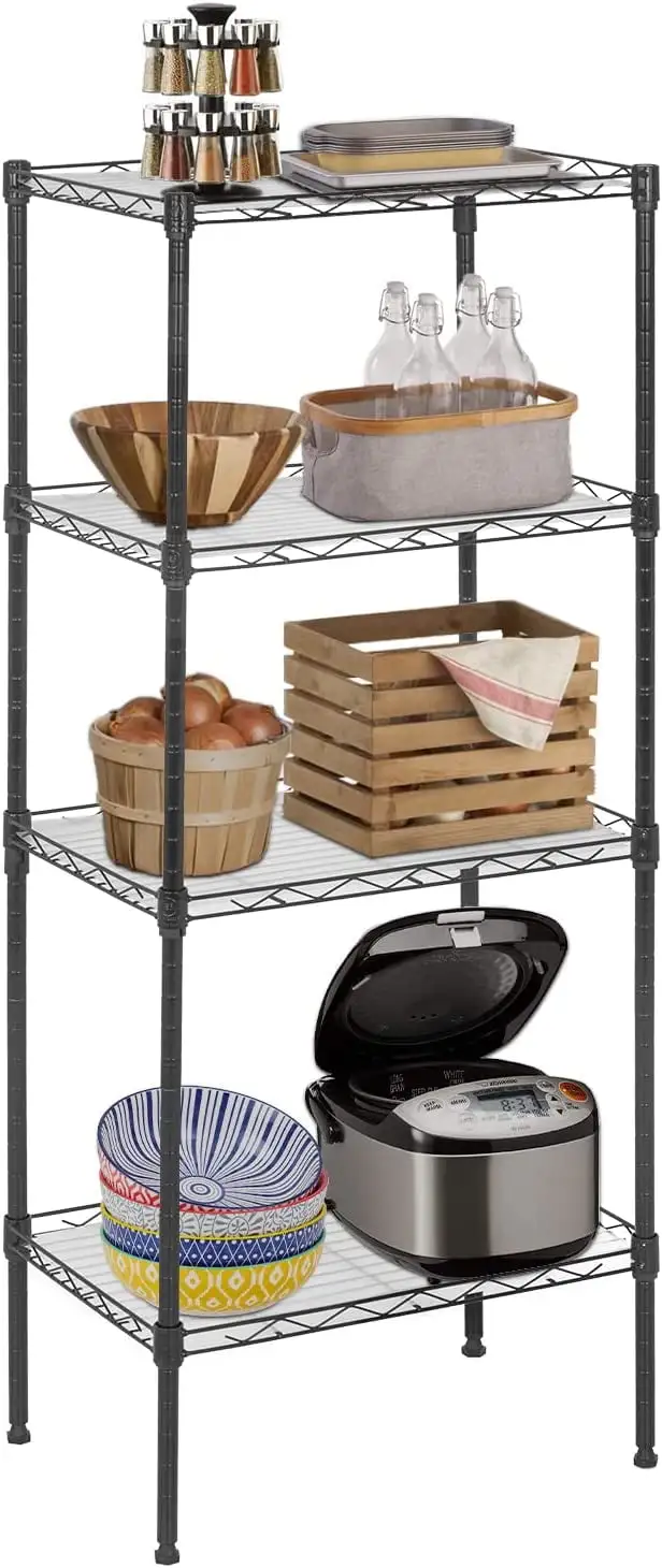 YRLLENSDAN 4 Tier Metal Shelving Units with 4 PP Sheets. 600 lbs Capacity Storage Shelves for Kitchen Heavy Duty Wire Shelving Rack for Pantry Closet Laundry