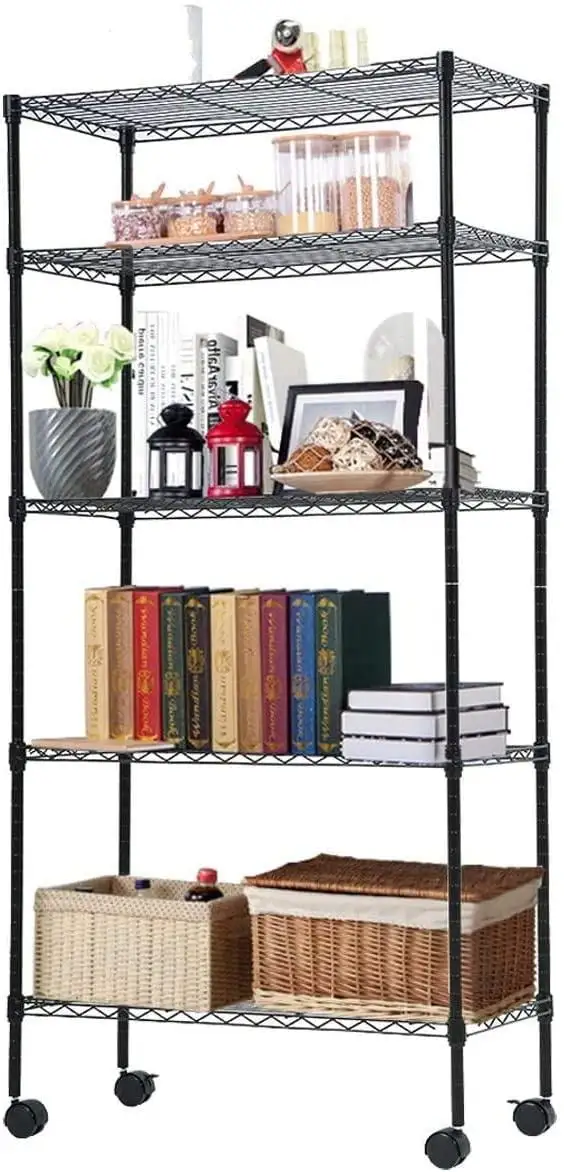 YRLLENSDAN Heavy Duty Garage Metal Shelving Units. 1100lbs Capacity 60H 5 Tier Wire Storage Shelves with Wheels Adjustable Garage Shelves Storage Rack for Home Layer Shelves for Kitchen