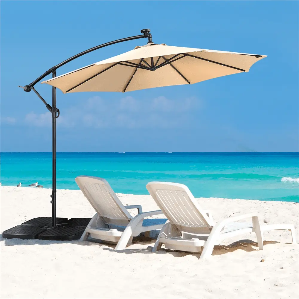 Yaheetech 10 Ft Patio Offset Umbrella with 32 LED Lights and Crank & Cross Base. Tan