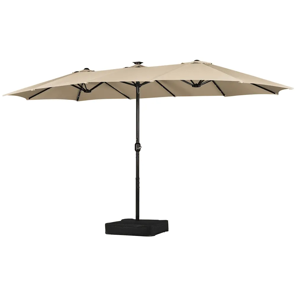 Yaheetech 15ft Twin Patio Parasol with Crank & 36 LED Lights. Tan