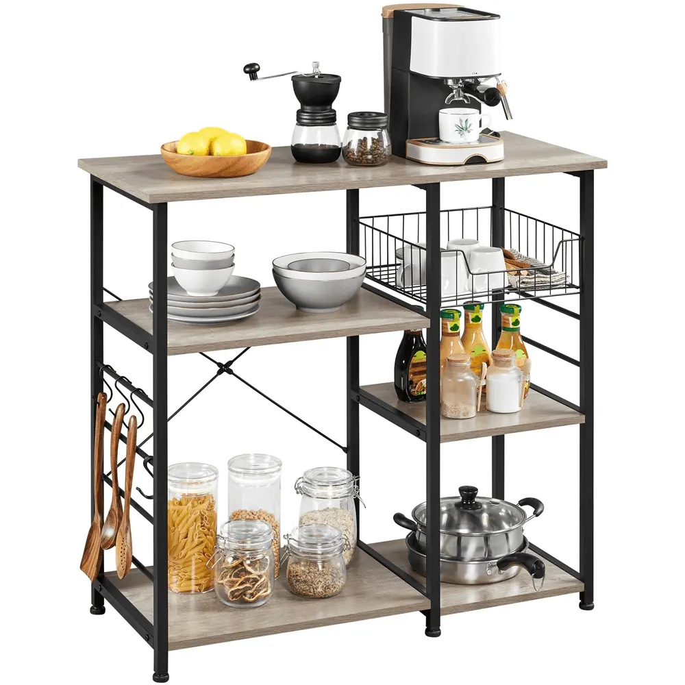 Yaheetech Vintage Baker's Rack Kitchen Island Metal Frame Microwave Stand with Basket/Hooks/Storage Shelf. Gray