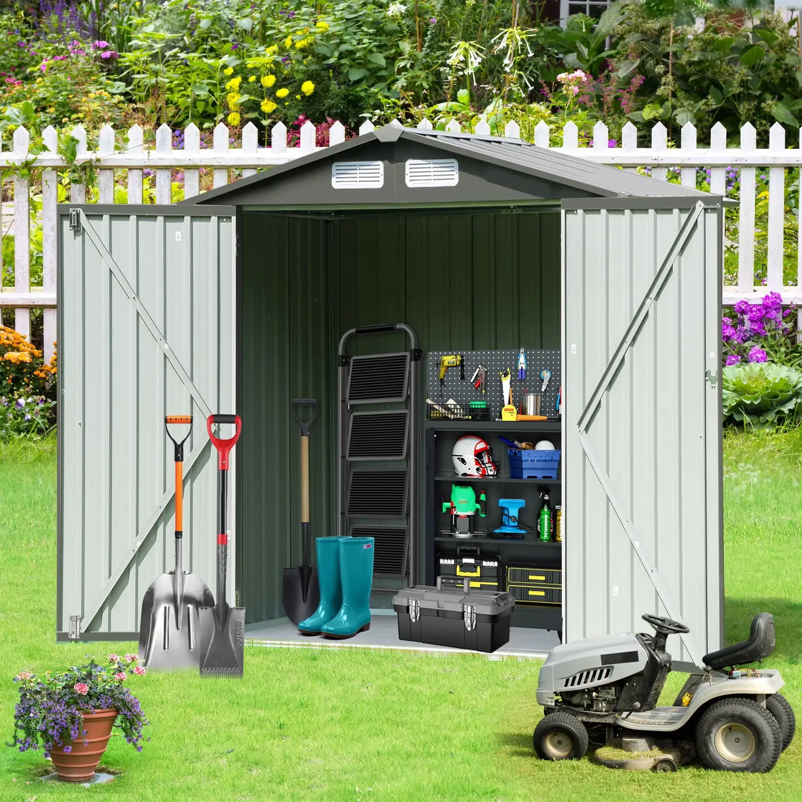 Yamissi 6x4 FT Outdoor Storage Shed. Garden Tool Storage Shed with Sloping Roof and Double Lockable Door. Storage Building Outdoor Shed for Garden Backyard Patio Lawn. Olive Gray