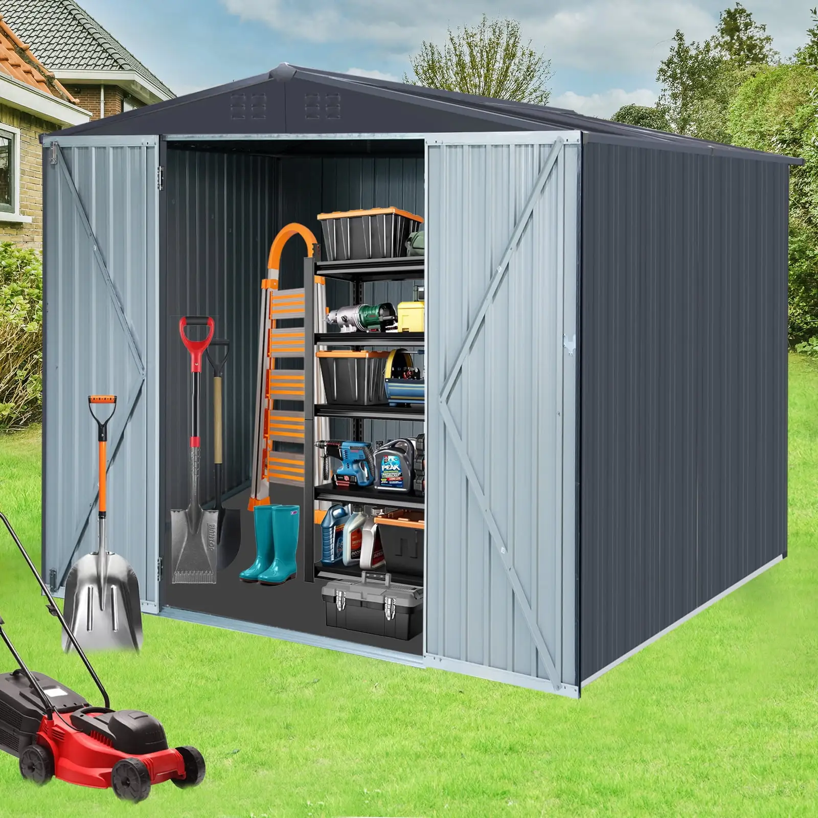 Yamissi 8' x 8' Outdoor Storage Shed. Large Garden Tool Metal Shed with Sloping Roof and Double Lockable Door for Backyard Garden Patio Lawn. Dark Grey