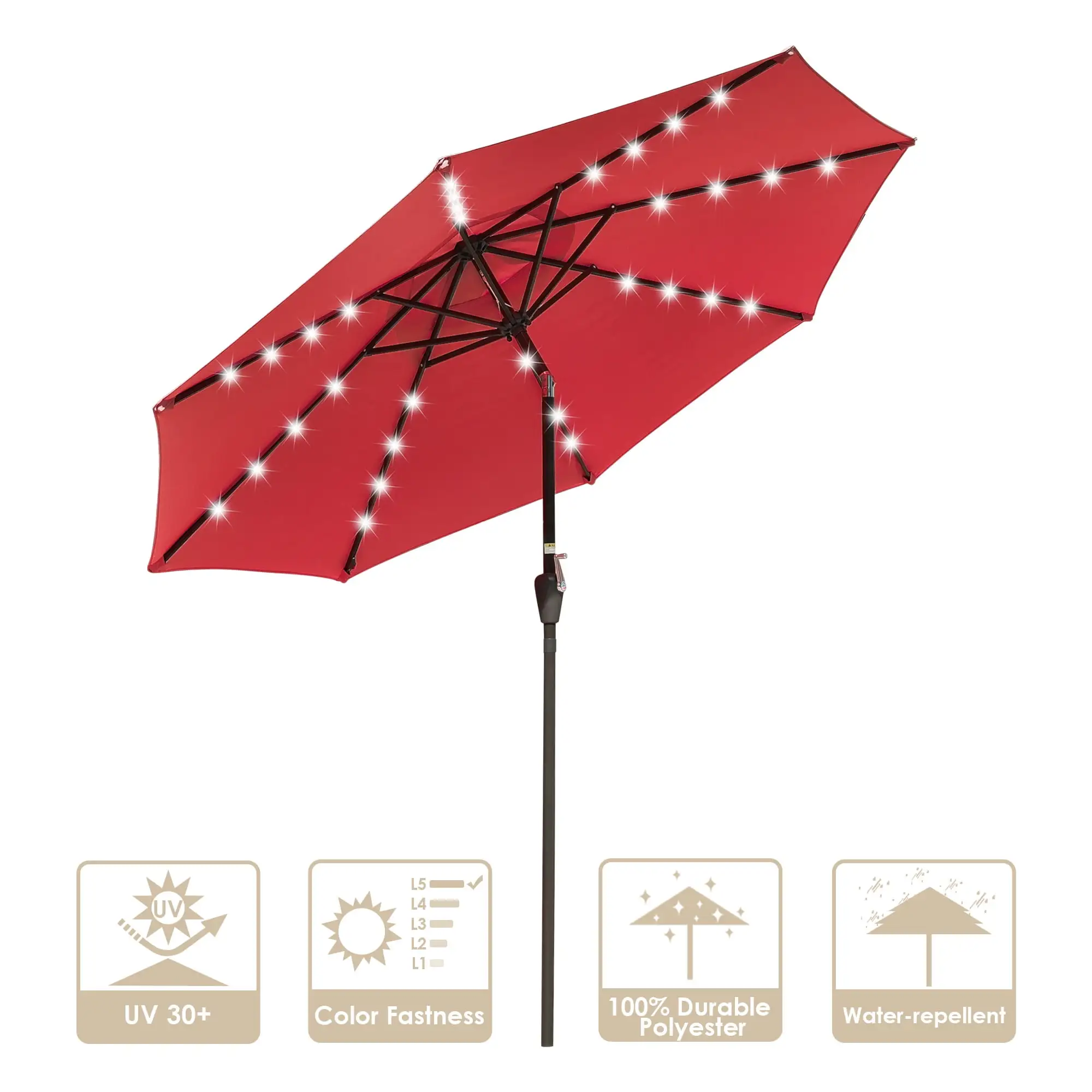 Yescom 9' Outdoor Solar Powered LED Umbrella 8 Ribs w/ 32 Lights for Patio Garden Deck Crank Tilt UV30 Red