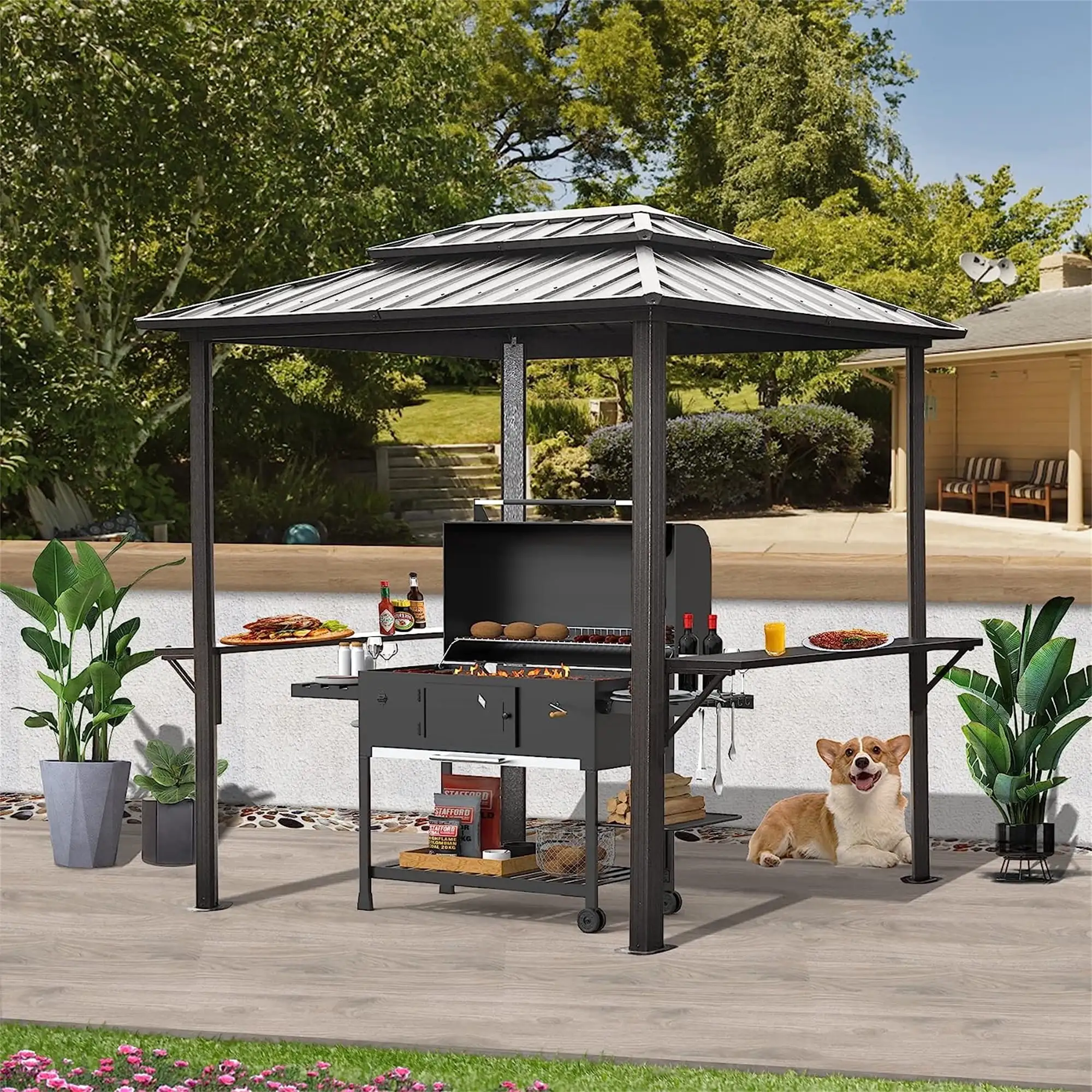 Yesurprise 8'x6' Outdoor Patio Tent. Outdoor Gazebo with 2 Convenient Shelves. Double Roof. Sturdy Aluminum Frame. Table Party Tent for Backyard. Deck. Lawn