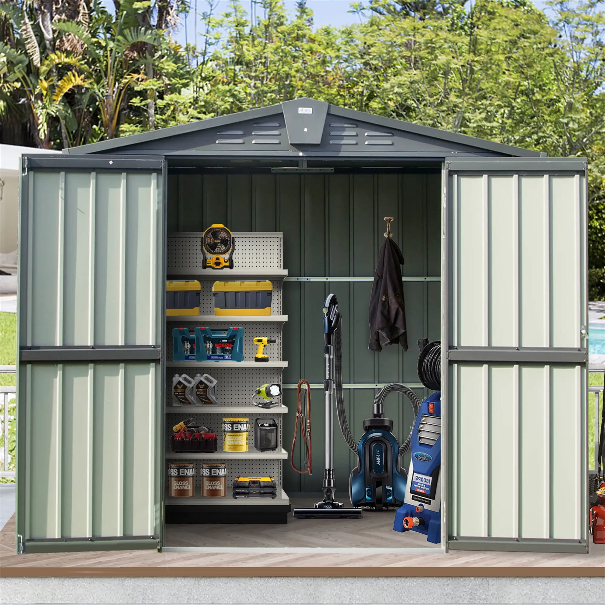 Yesurprise Outdoor Storage Shed. Sheds & Outdoor Storage with Spire Structure Roof. 20 Air Vents. 2 Lockable Doors. Key Lock. Rust-proof Storage Shed for Backyard. Lawn