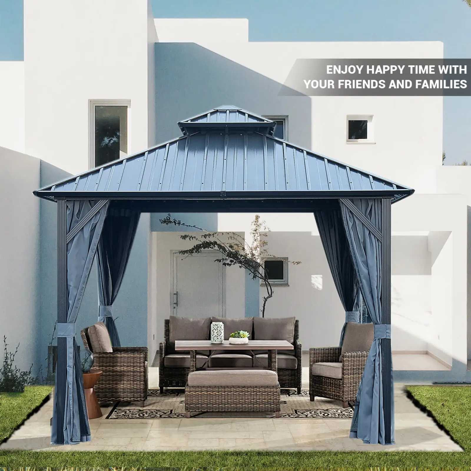 Yiwa 10ftx10ft Aluminum Frame Outdoor Hardtop Gazebo. With Steel Frame Double Roof Canopy