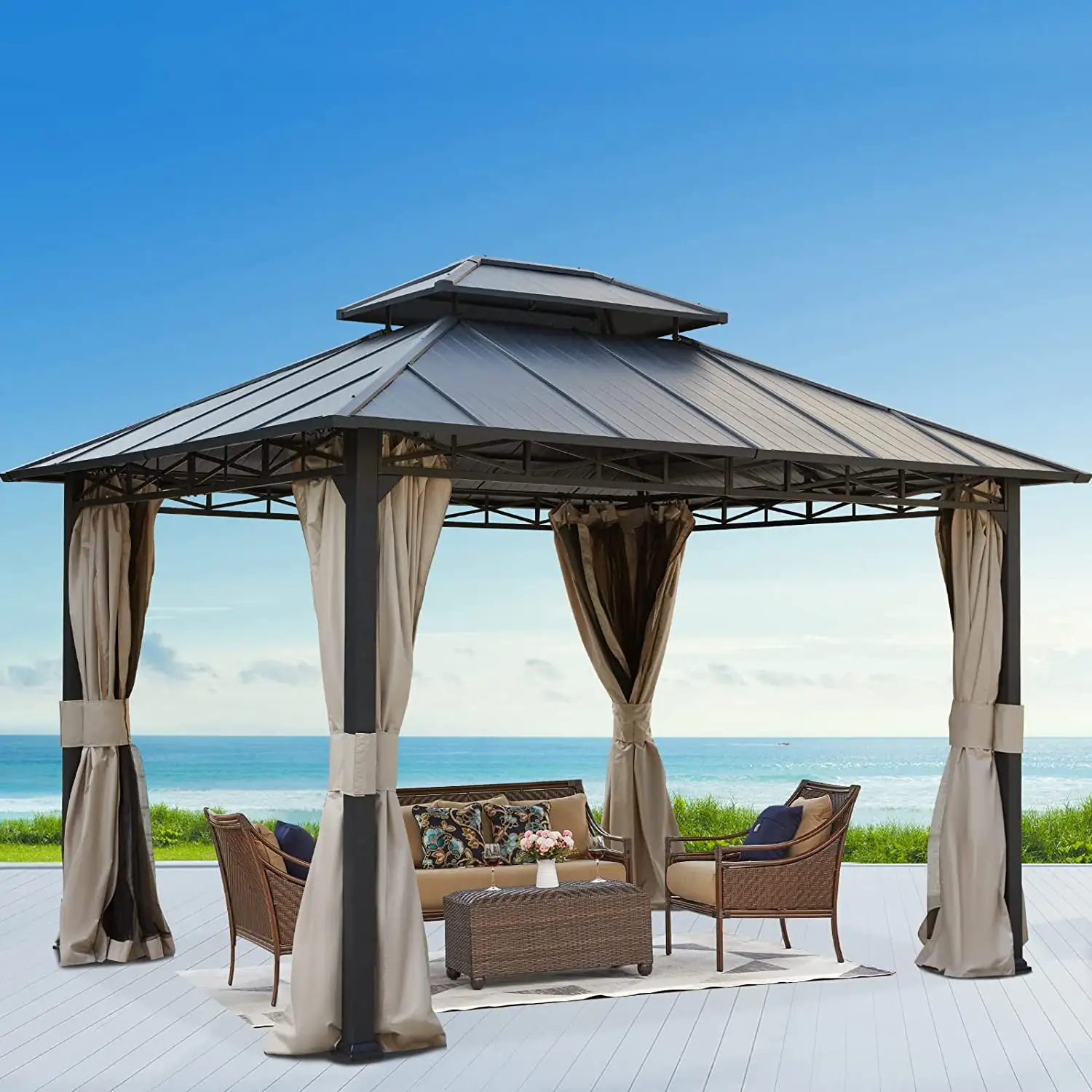 Yoleny 10' X 12' Double Roof Hardtop Gazebo. Outdoor Metal Gazebo with Netting and Curtains for Patios. Garden. Deck