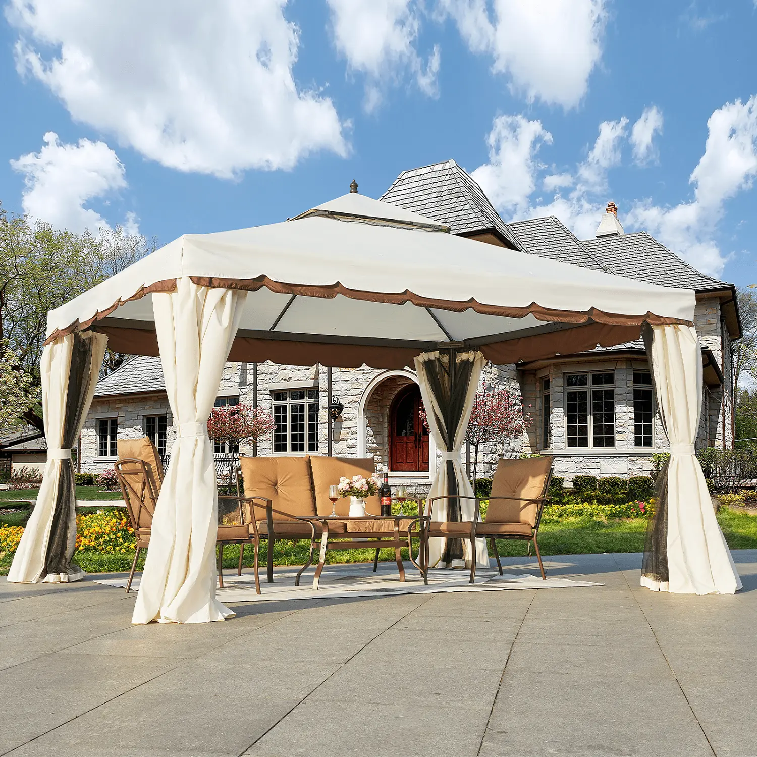 Yoleny 10' x 12' Outdoor Canopy Gazebo Double Roof Patio Steel Frame with Netting Shade Off-White