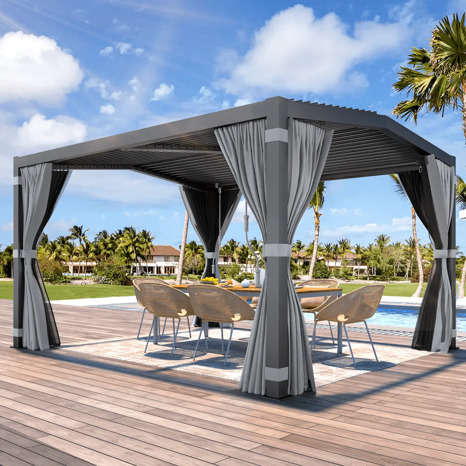 Yoleny 11' ?? 13' Louvered Pergola with Adjustable Aluminum Rainproof Roof. V Outdoor Hardtop Gazebo for Patio. Lawn & Garden. Curtains and Netting Included. Black