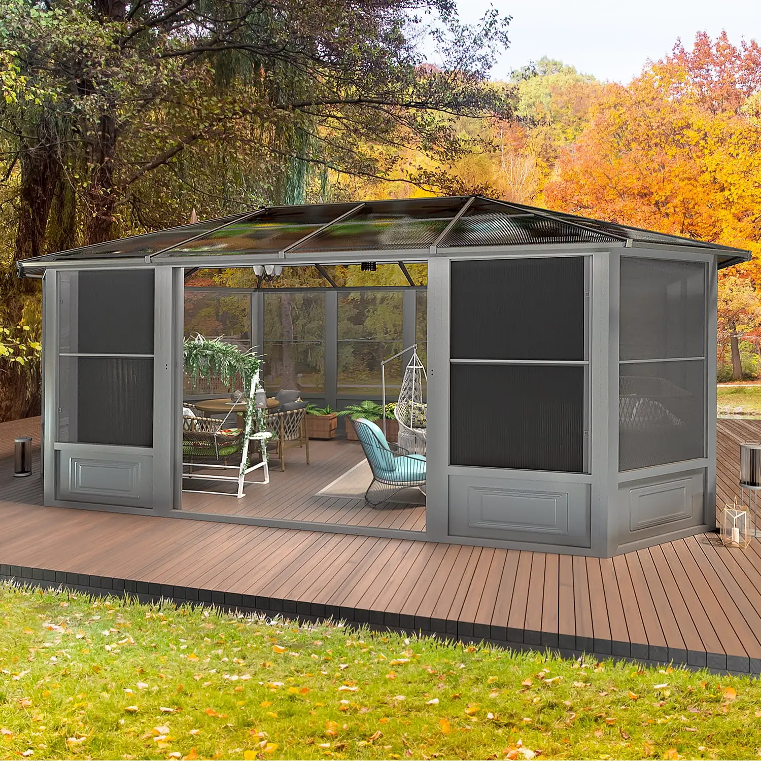 Yoleny 12' x 18' Solarium Sunroom. Outdoor Hardtop Polycarbonate Roof Sun Room. Aluminum Frame Permanent Tiny House with Sliding Doors and Screens.for Garden. Patio. Lawns