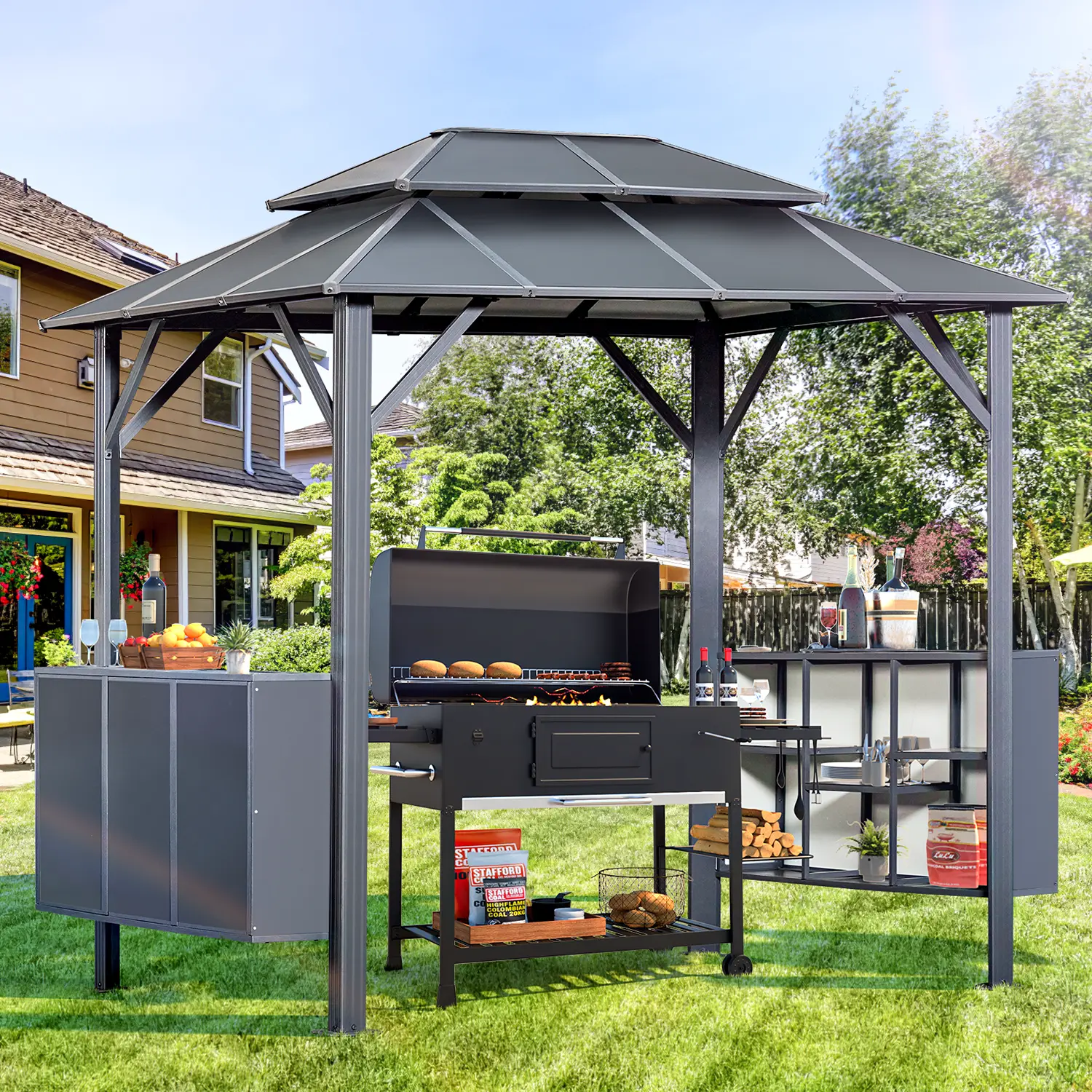 Yoleny Grill Gazebo 9 x 6 FT Outdoor Cooking Permanent Aluminum Patio Gazebo with Double Roof for Patio Lawn and Garden with Ceiling Hooks and Shelves