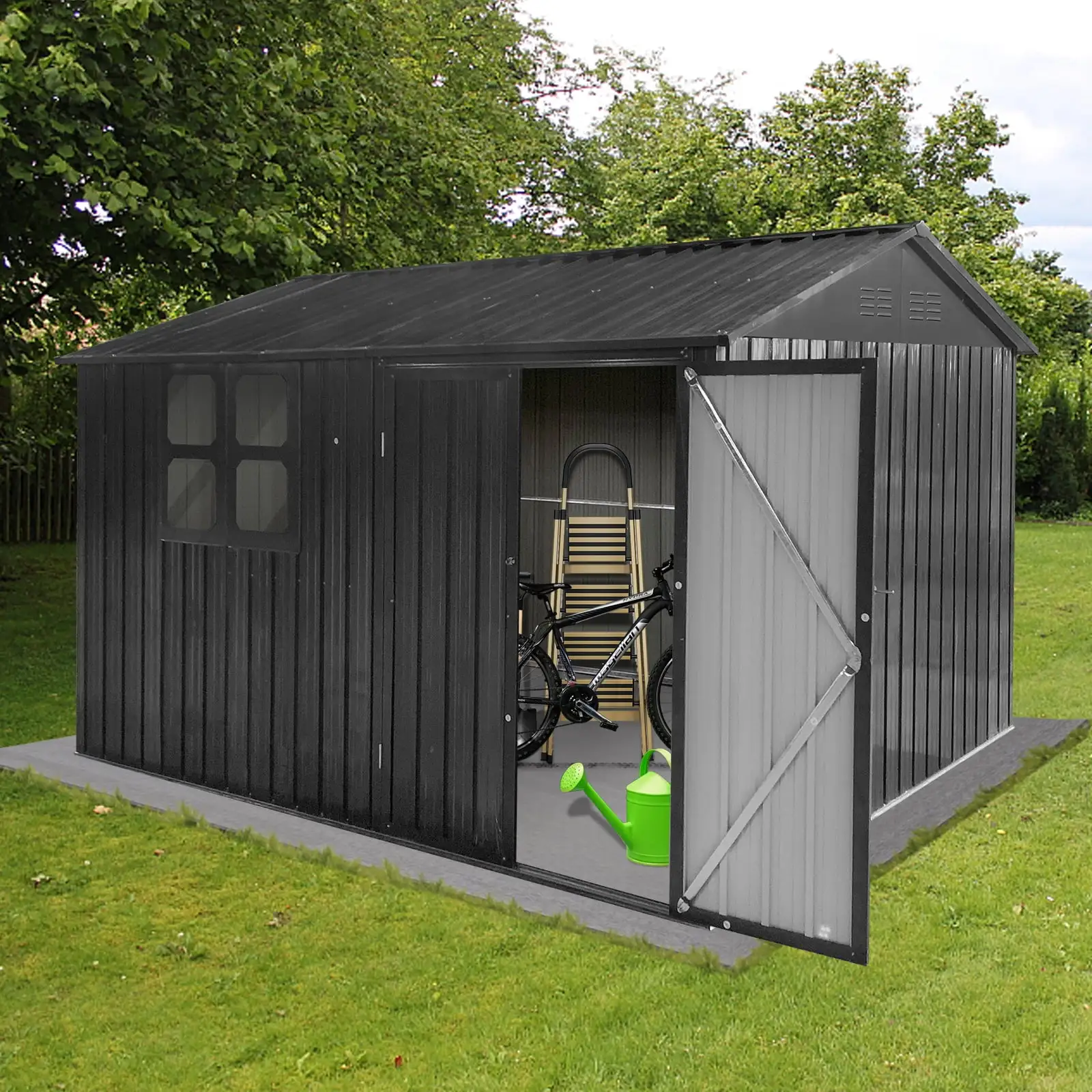 Zateety Metal garden sheds 10ftx8ft outdoor storage sheds Dark-grey with window