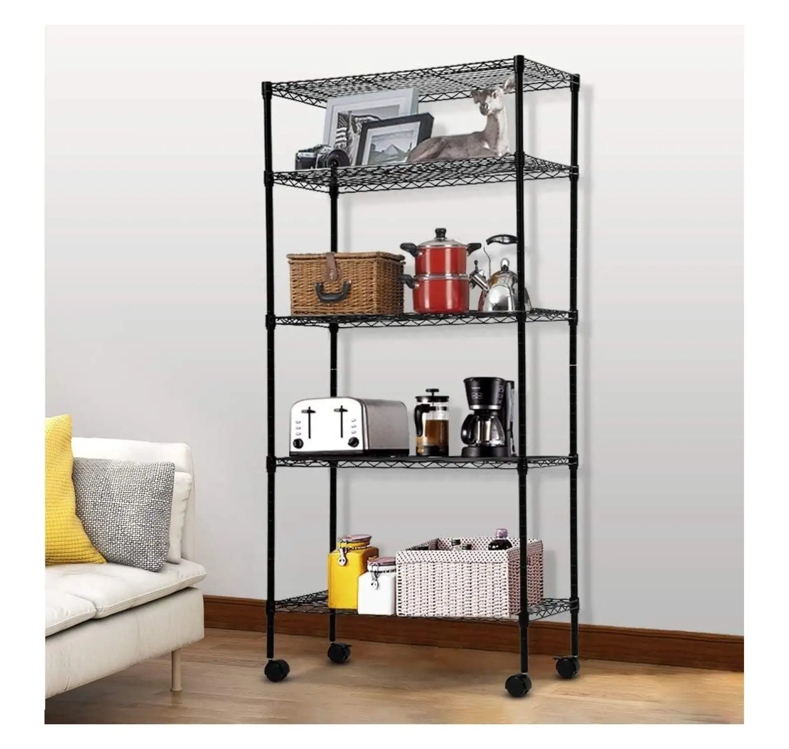 Zengpin Wire Shelving Unit Storage 5 Tier Metal Shelving Unit NSF Heavy Duty Shelves Height Adjustable Garage Shelving 14 D x 30 W x 60 H with Wheels Large Steel Shelving. Black