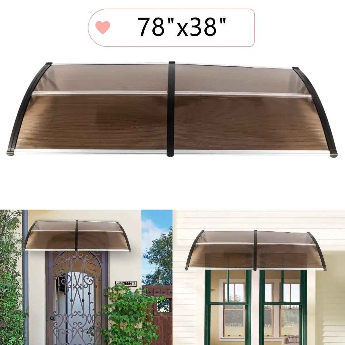 Goorabbit Aluminum Door Awnings.118/78/39 inch Window Awning Outdoor Polycarbonate Hollow Sheet Door Patio Canopy(78x38- Brown & Black Bracket)