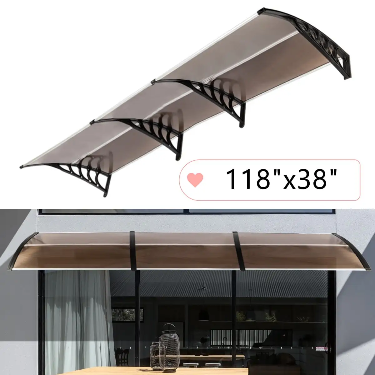 Goorabbit Window ABS Awning Front Door Canopy Patio Cover for Rain Snow Sunlight Protection(118x38- Brown Board & Black Holder)