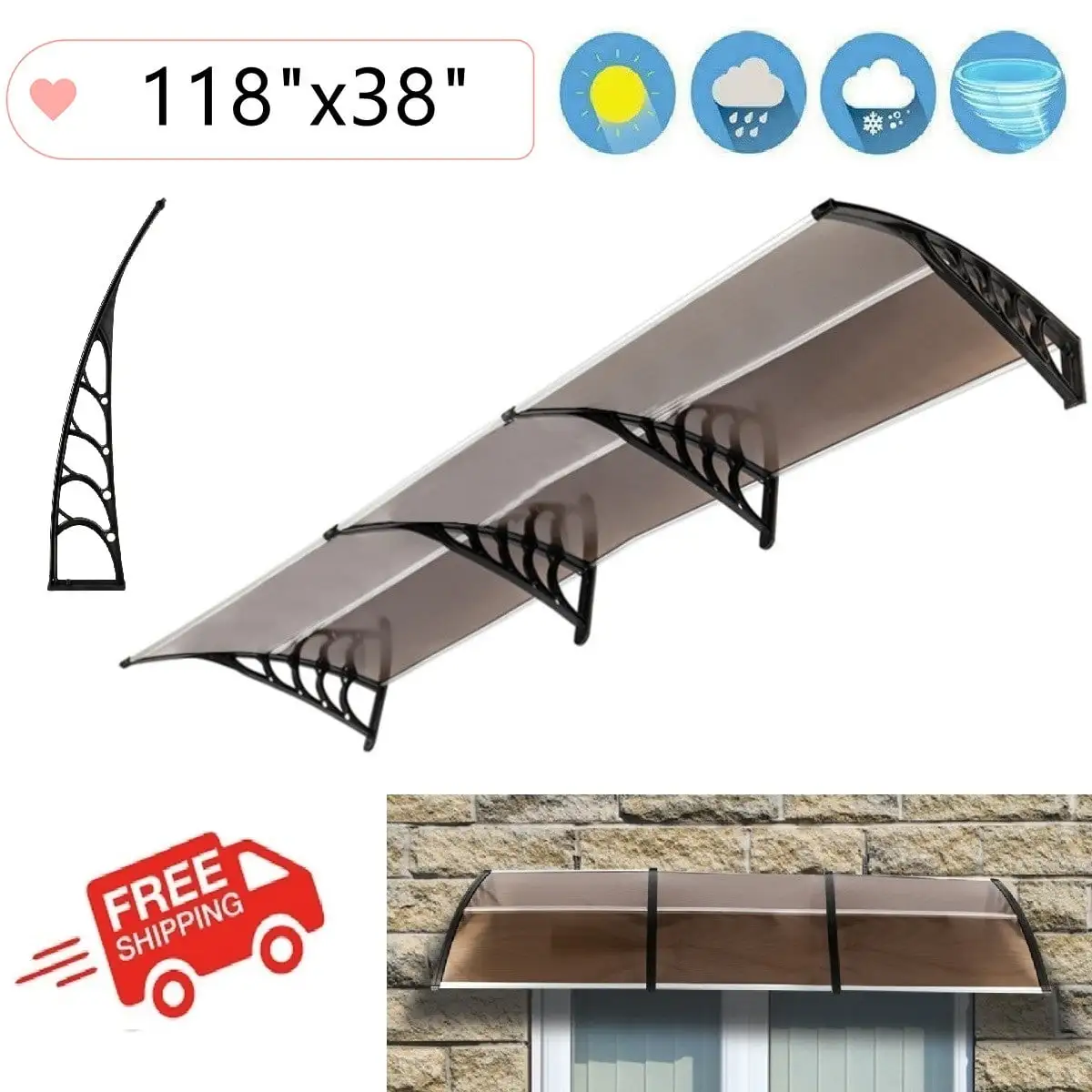 Goorabbit Outdoor Window Awnings. Modern Polycarbonate Front Door Canopy. Patio Awning Canopy Window Door Cover for Rain Snow Sunlight Protection Hollow Sheet(118x38- Brown Board & Black Holder)