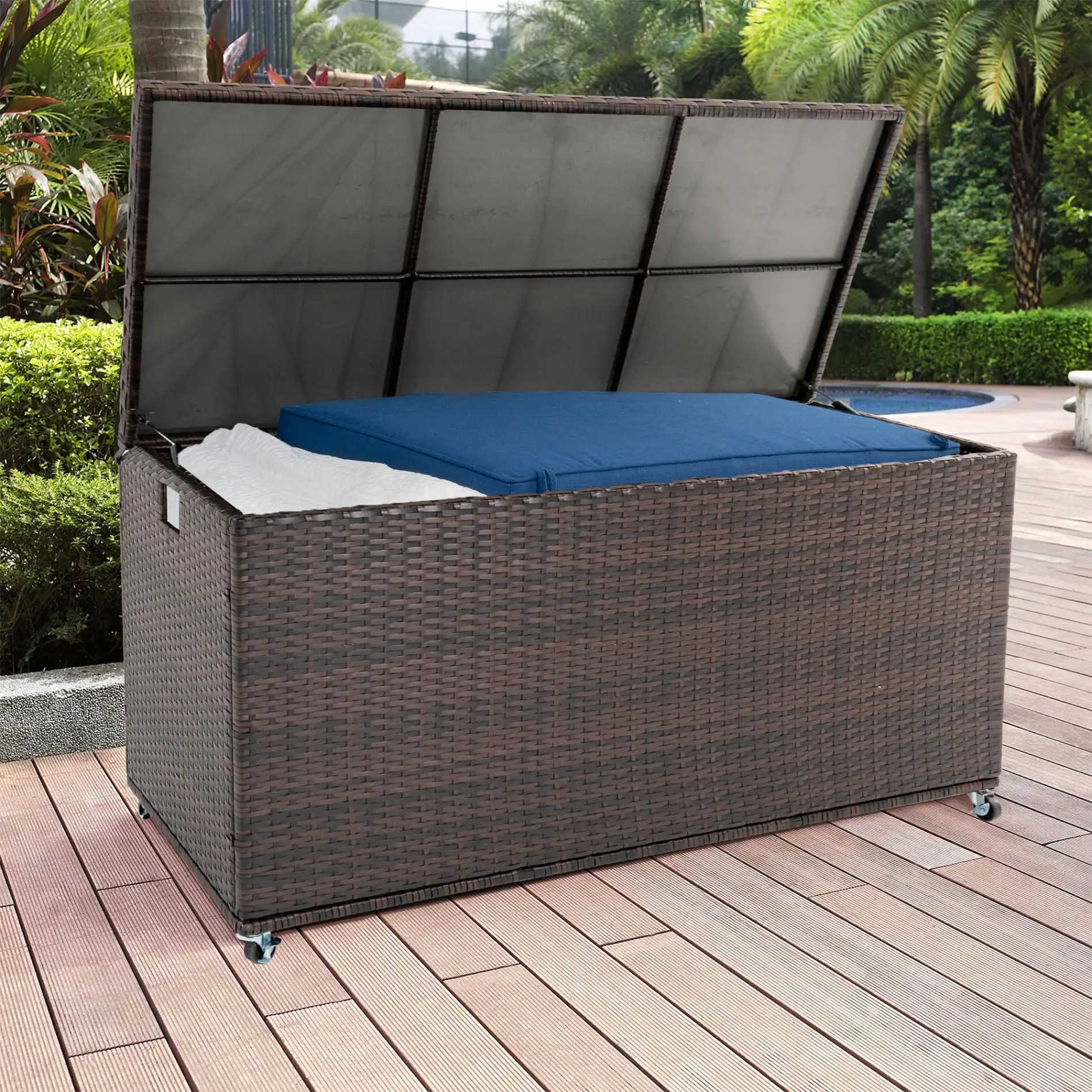 Outdoor PE Wicker Deck Box with Wheels 140 Gallon Patio Waterproof Storage Boxes with Lid Brown