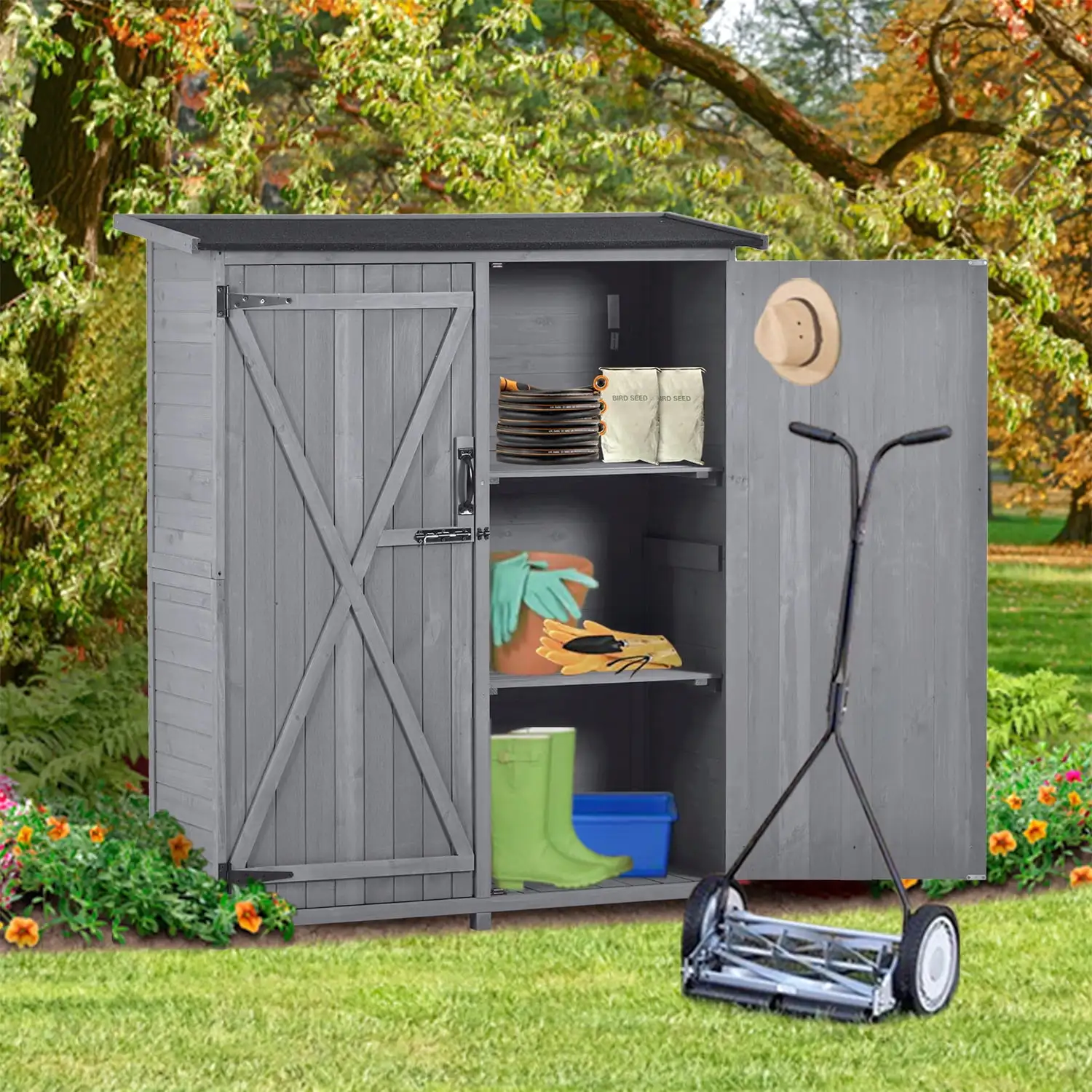 5.3ft x 4.6ft Outdoor Wood Storage Shed Tool Organizer. Garden Shed. Storage Cabinet with Waterproof Asphalt Roof. Double Lockable Doors. 3-tier Shelves for Backyard. Grey