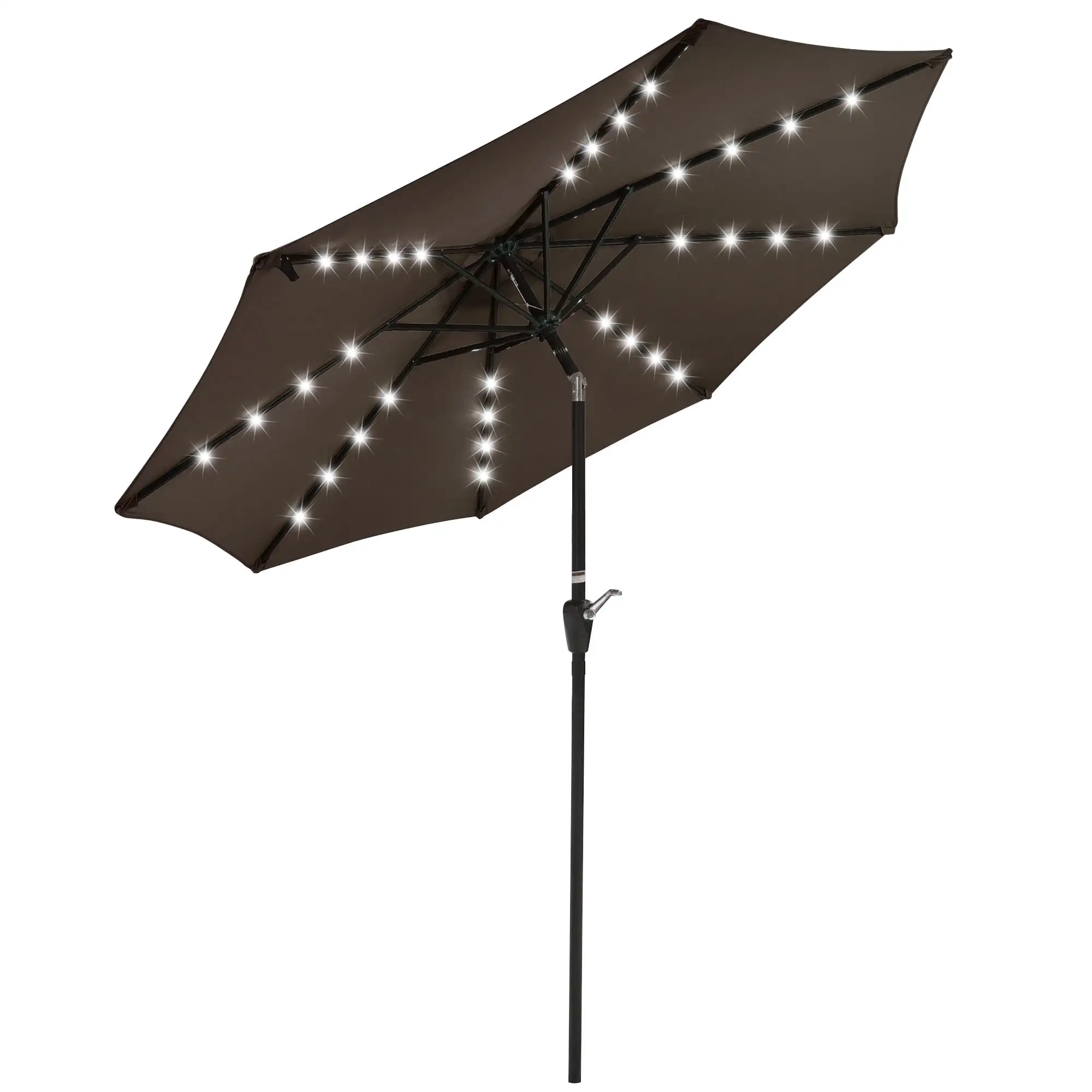 Yescom 9' Outdoor Solar Powered LED Umbrella 8 Ribs w/ 32 Lights for Patio Garden Deck Crank Tilt UV30 Chocolate