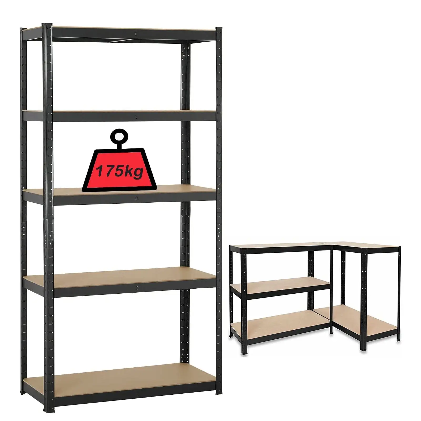 39 x 20 x 77in Black Utility Shelving Unit Storage Rack. 5-Tier Adjustable Industrial Heavy Duty Metal Garage Shelving Unit. 386lbs Load Capacity per Tier with Anti-Slip Feet. Boltless Installation