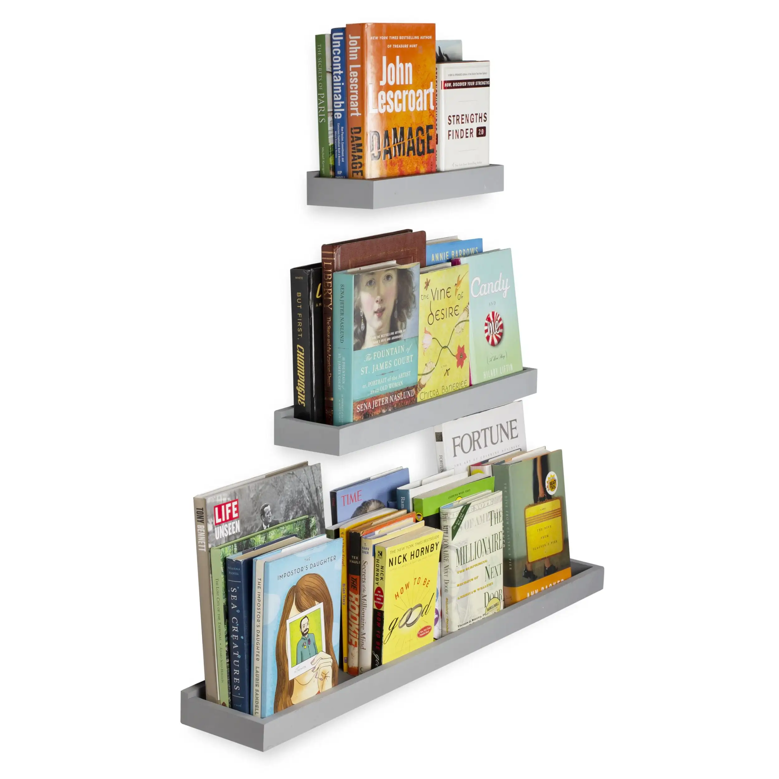 Wallniture Philly Varying Sizes Wall Mounted Bookcases Wood Tray Shelf Gray Floating Shelves Living Room Decor. Set of 3