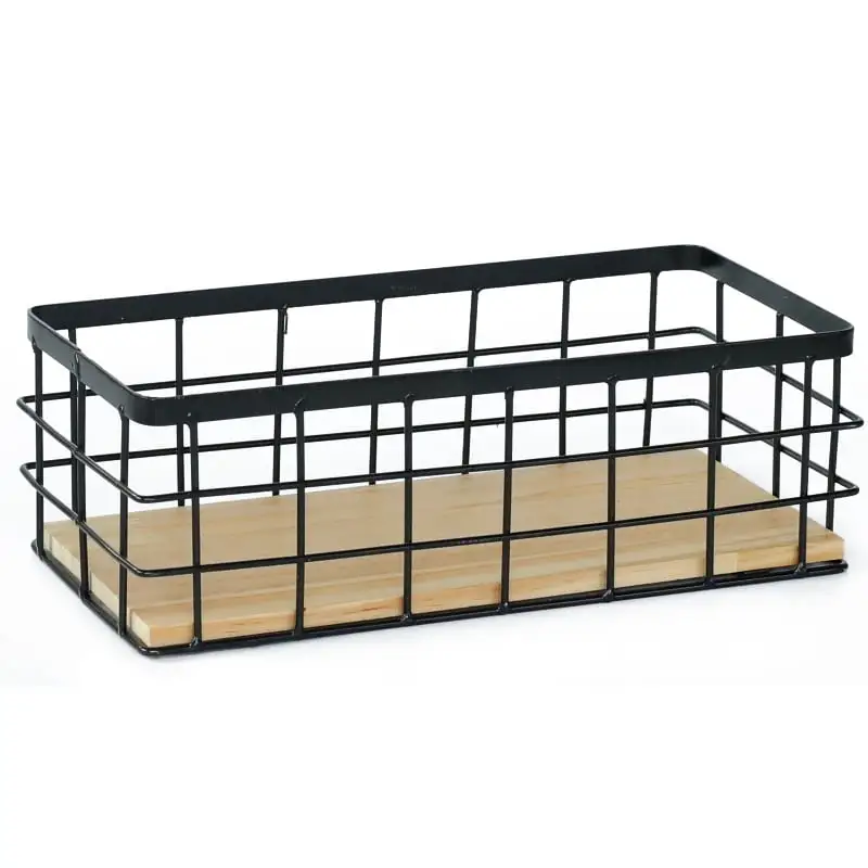 Small Metal Wire Storage Basket. Detachable Wood Base Storage Organizer Bin Basket for Kitchen Cabinets. Bathroom. Pantry. Garage. Laundry Room