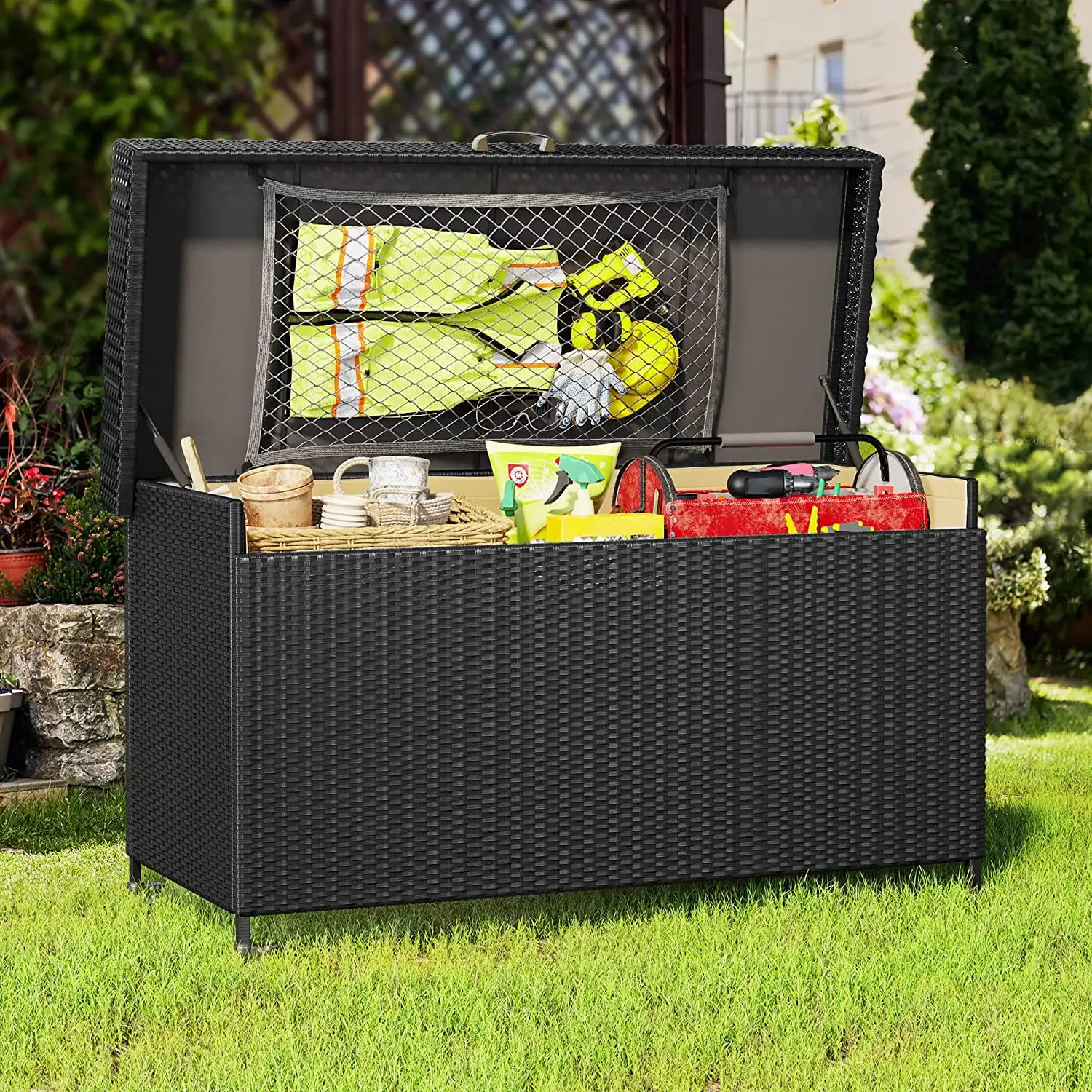 DWVO 200 Gallon Outdoor Wicker Storage Box. Large Rattan Deck Box.Waterproof Storage Box with Aluminum Frame for Patio Furniture. Garden Tools. Pool Sports Equipment (Black)