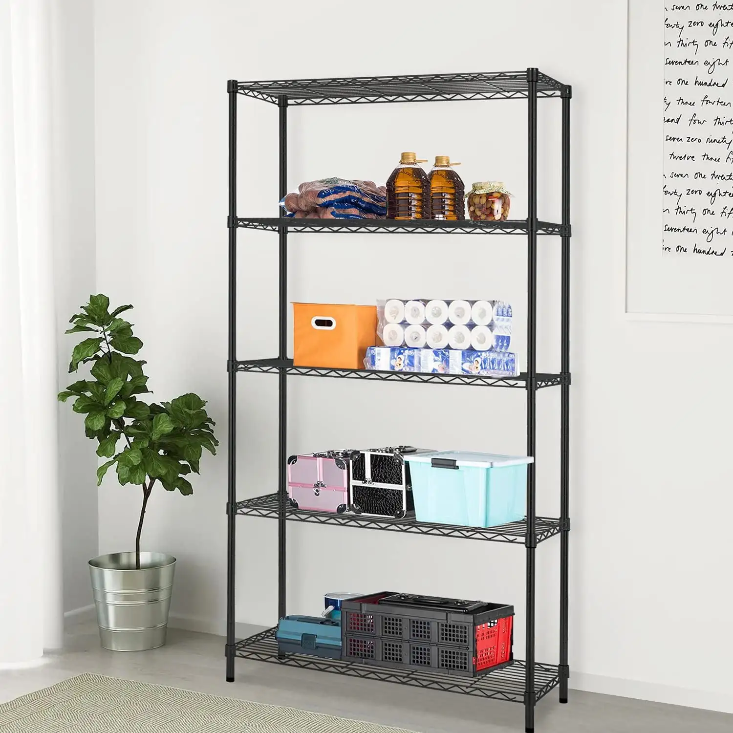 5 Tier Wire Shelving Unit 72x36x14Storage Shelves Metal Wire Shelf Storage Rack Adjustable Commercial Organizer Heavy Duty Layer Unit for Restaurant Garage Pantry Kitchen Office (Black)