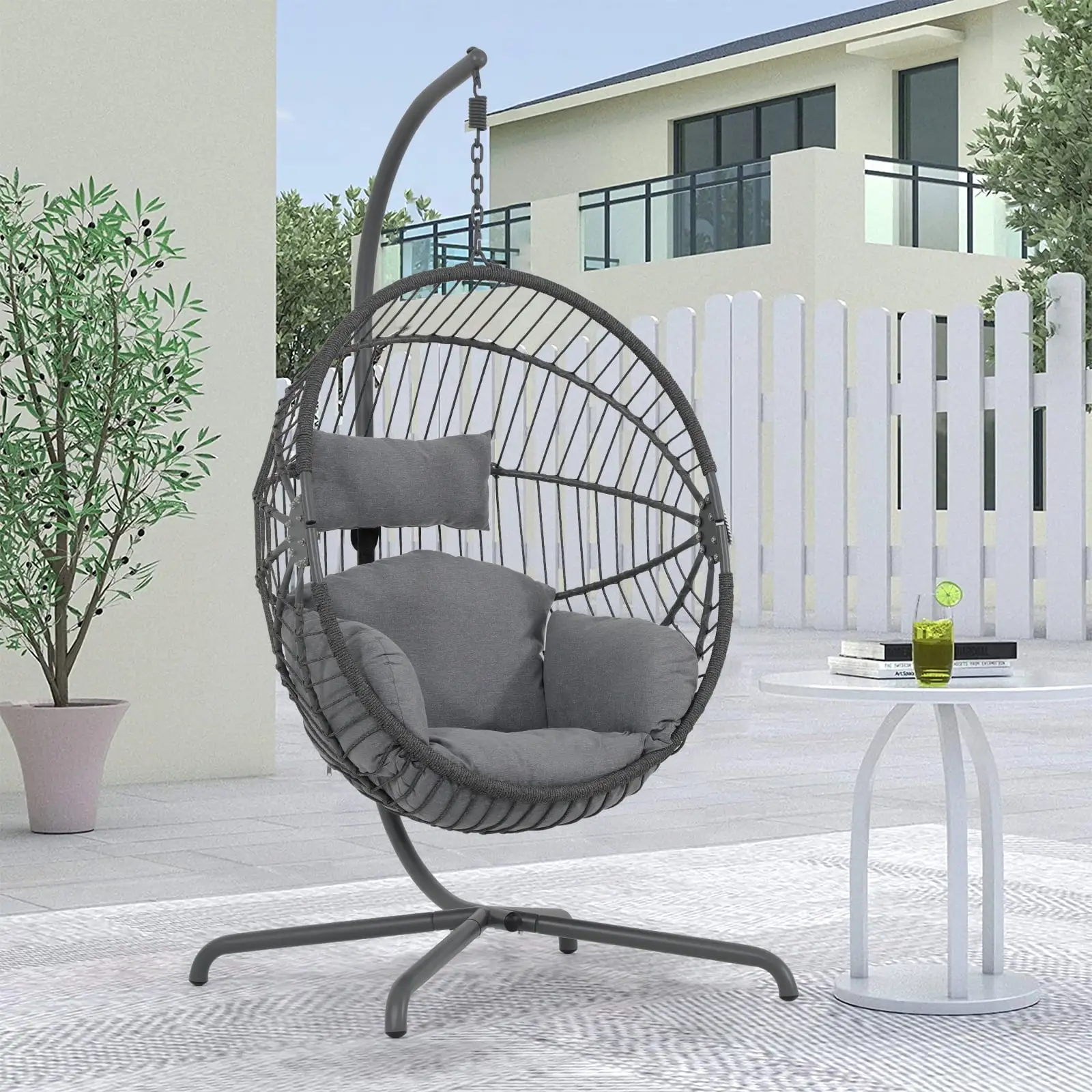 COBANA Hanging Egg Chair with Stand. Outdoor Indoor Foldable Swing Hammock Chair with Cushion. Pillow