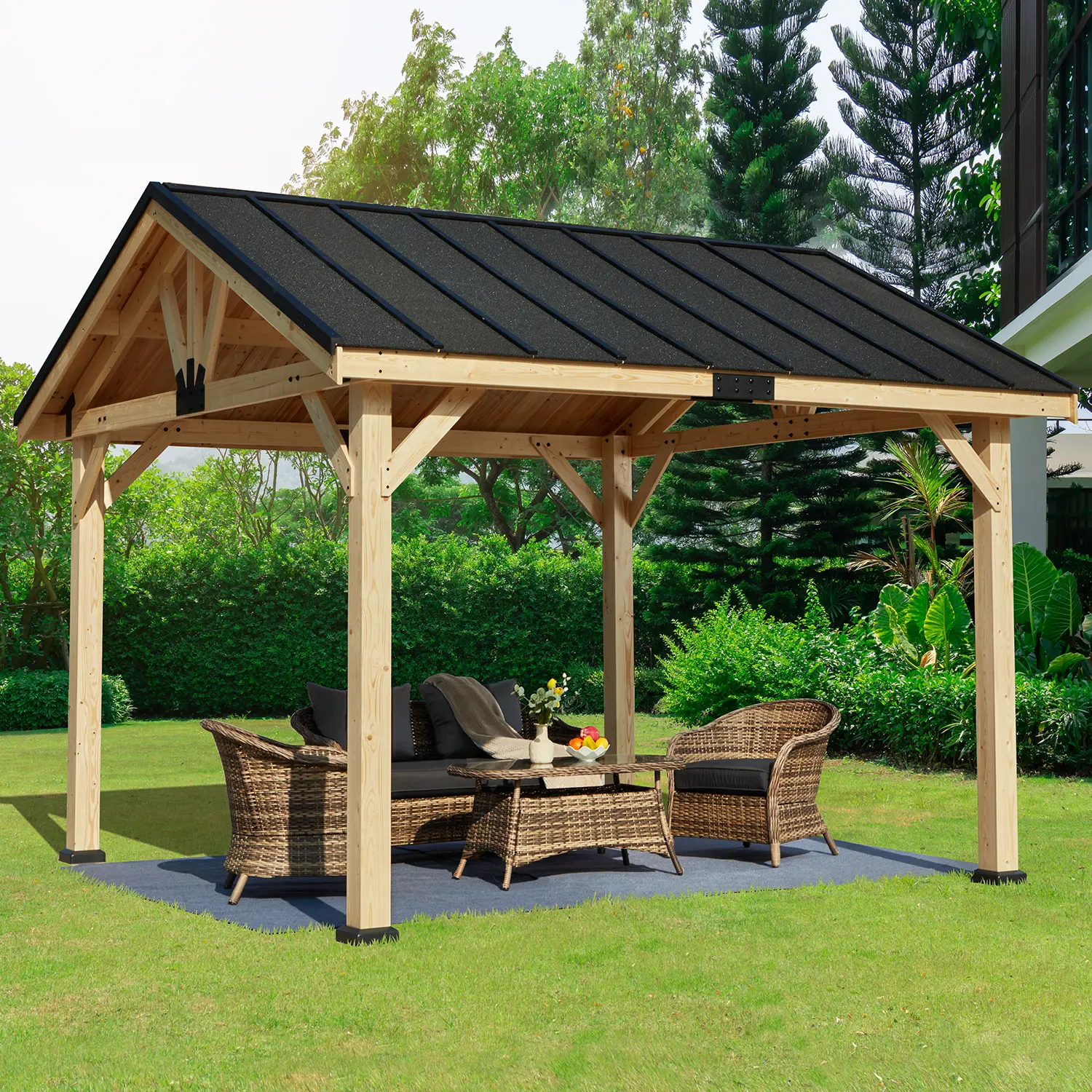 Yoleny 11x12 Ft Hardtop Gazebo. Spruce Wood Solid Wood Gazebo. Waterproof Asphalt Roof. For Patio. Lawn. Garden. Easy Installation