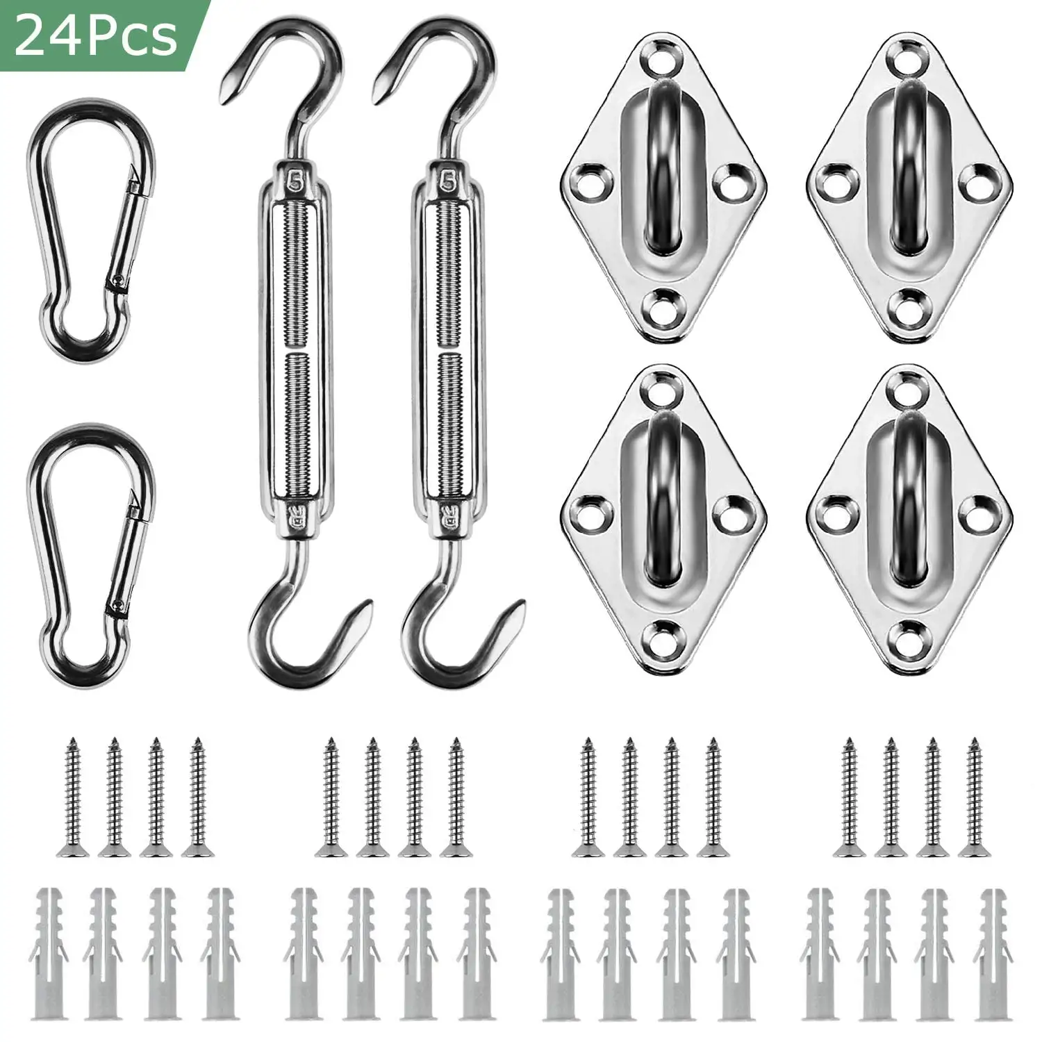 Xelparuc Anti-Rust Stainless Steel 304 Marine Grade Shade Sail Hardware Kit with Adjustable Turnbuckle for Rectangle and Square Sun Shade Sails Installation. Easy To Use and Install (24 Pcs) A