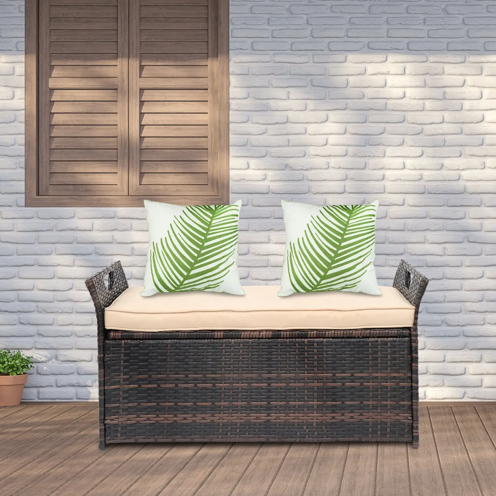 Seizeen Outdoor Bench with Storage. Patio Bench W/Zippered Cushion for Porch Pool Garden. PE Wicker Deck Box 33GAL. Beige Cushion & Brown Rattan