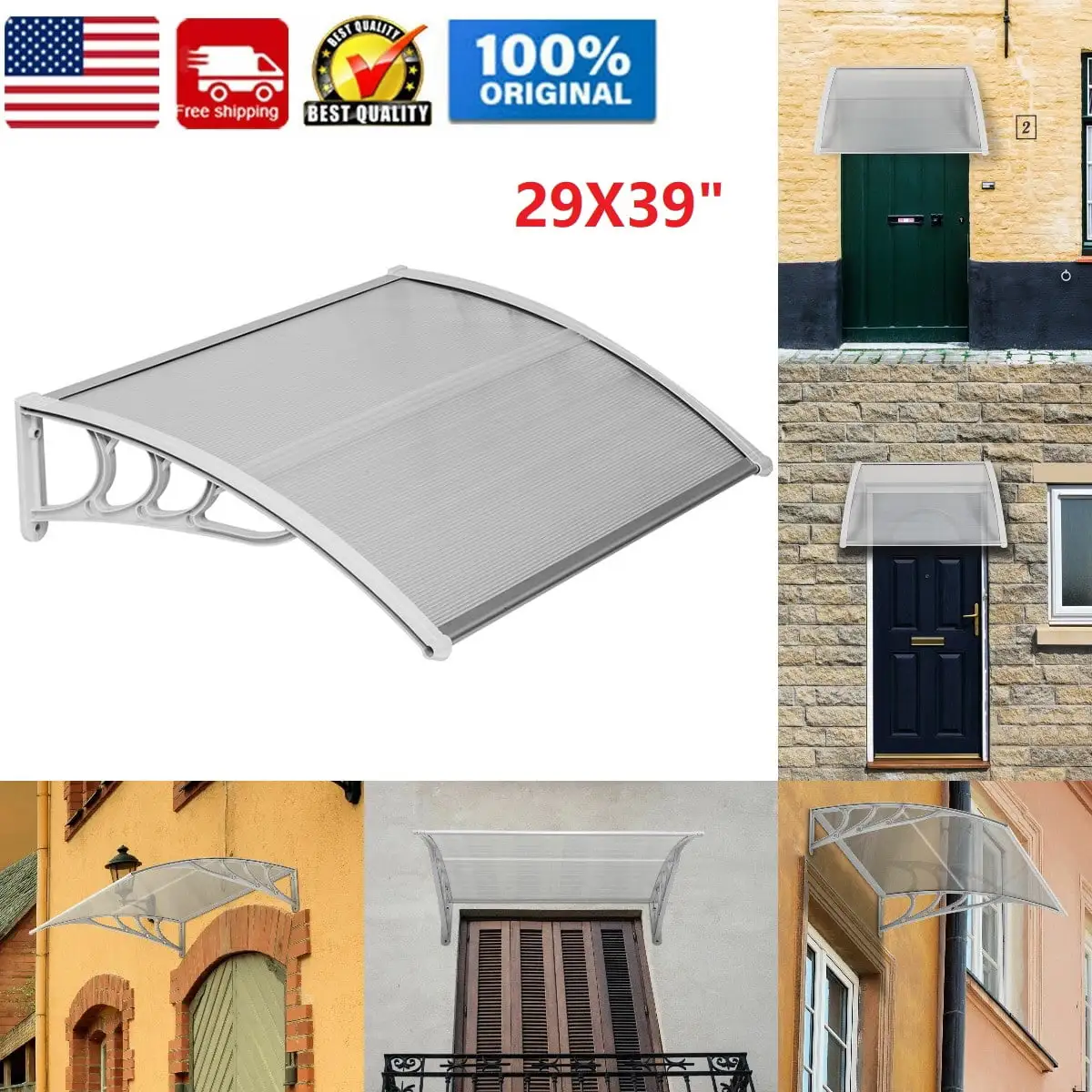 ON SALE! Goorabbit Window Awnings. Modern Polycarbonate Window Awning Cover. Patio Eaves Canopy Decorator. Door Window Rain Cover(29x39- Transparent Board & White Holder)