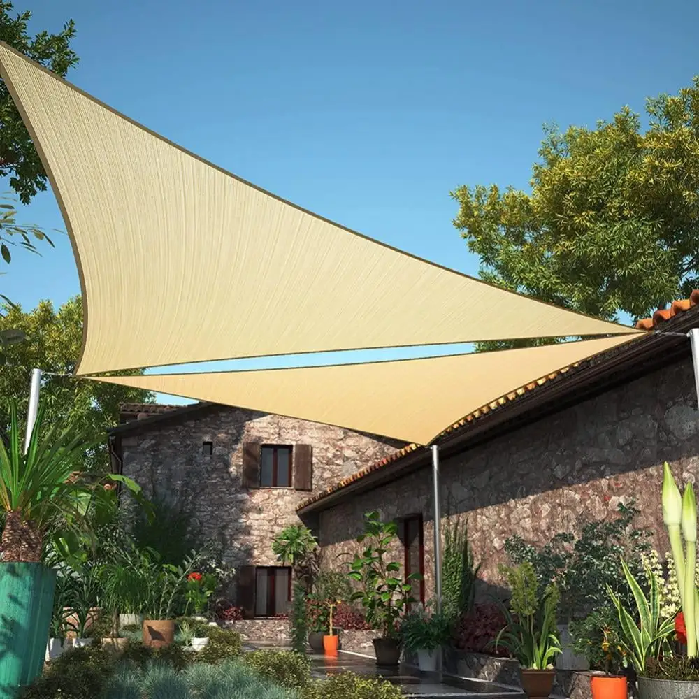 1Pc Beige Right Triangle Sun Shade Sail Canopy Fabric Cloth Screen. Water Permeable & UV Block. Heavy Duty. Carport Patio Outdoor