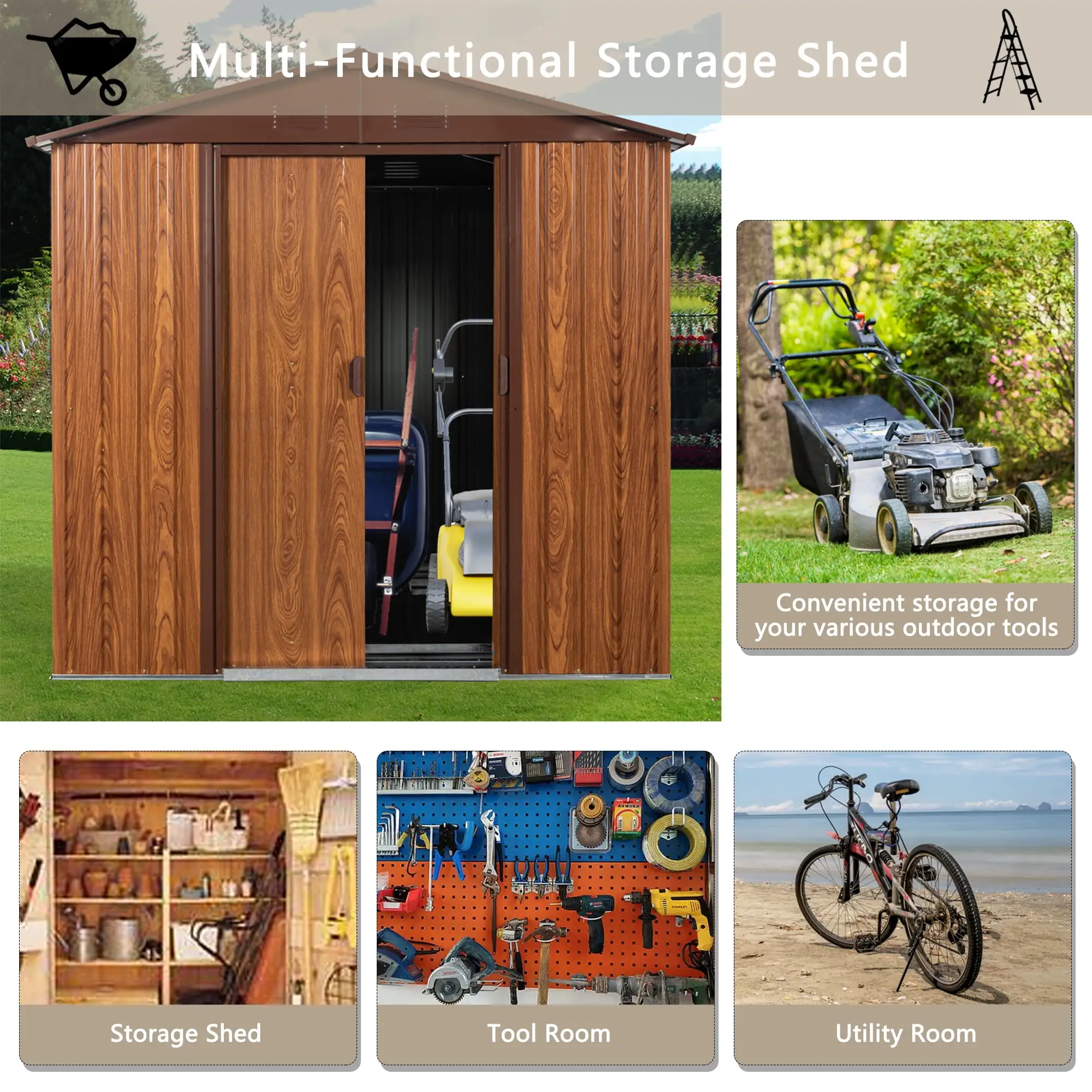 6.4'x 5.7' Outdoor Storage Shed. Metal Backyard Garden Shed with Lockable Door. Tool Bike Storage Cabinet