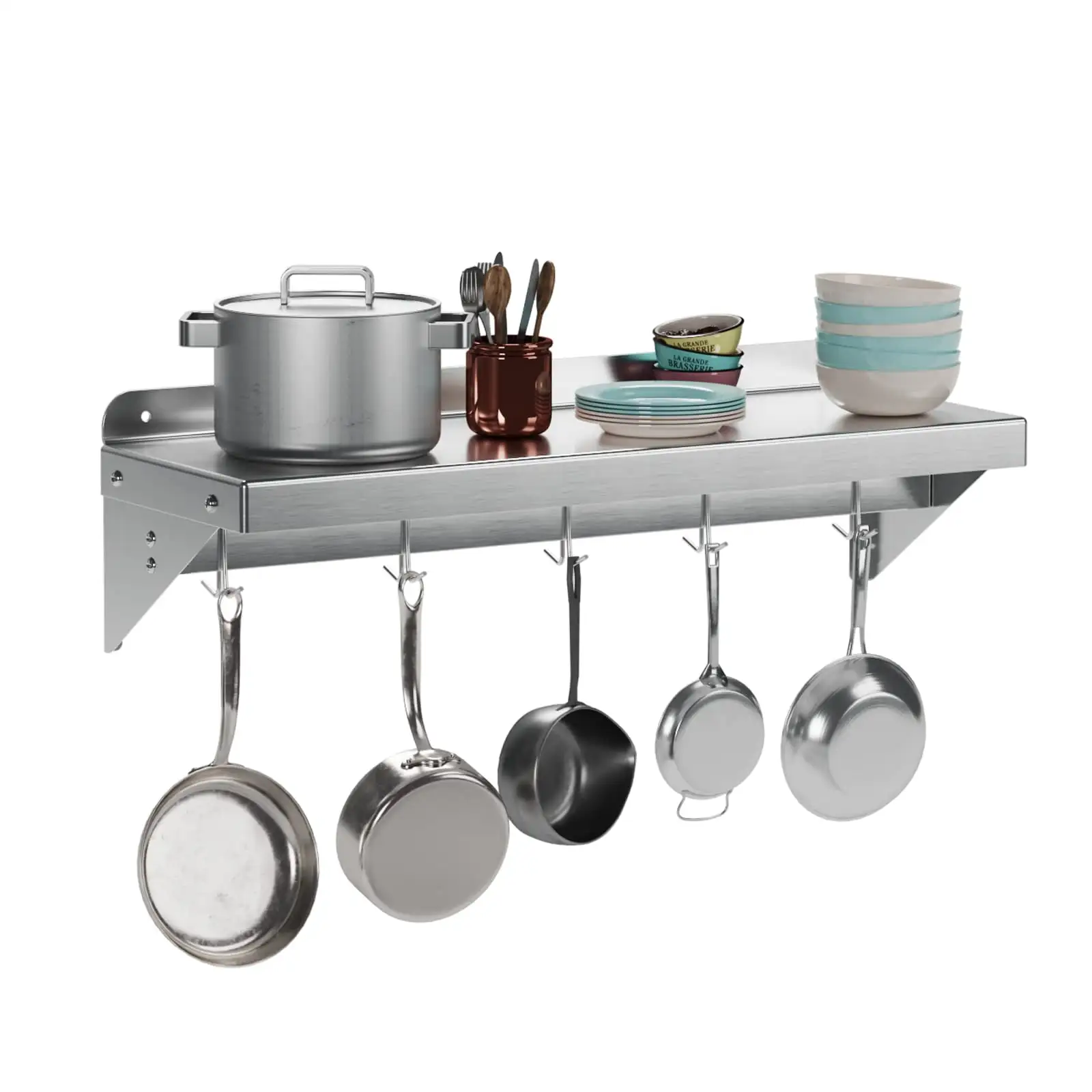 Stainless Steel Wall Mount Shelf. NSF Certified Shelf with 5 Hooks. Floating Shelf Kitchen Storage Racks Commercial Shelves for Restaurant. Hotel and Garage