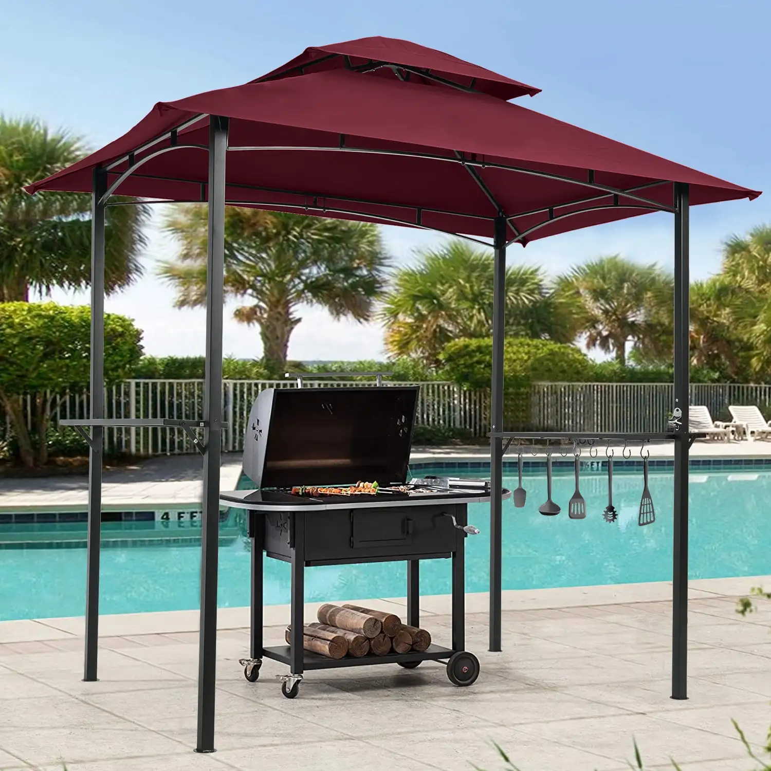 enyopro 8 x 5 Ft Outdoor Patio BBQ Gazebo. Metal Frame Double Roof Softtop Gazebo Canopy. Patio Grill Gazebo W/ hooks & Bar Counters. UV Resistant & Fireproof Top Cloth Gazebo for Park Backyard. T427