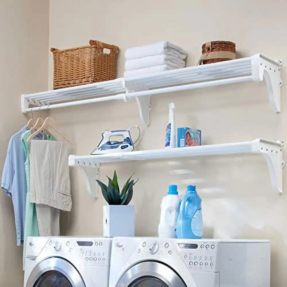 ez shelf - diy expandable organizer shelves for laundry & utility room - over washer & dryer wall storage - wire shelving alternative - 2 shelf pack. expands from 64 to 120 (1 she