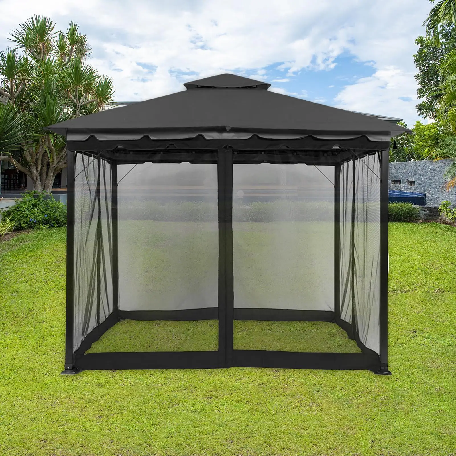 Outdoor Gazebo Netting Outside Canopy Large Sun Shades Shelter Lighweight Four Corners Backyard 12 Foldable Louvered Pergola Screen Tents black 10x10FT