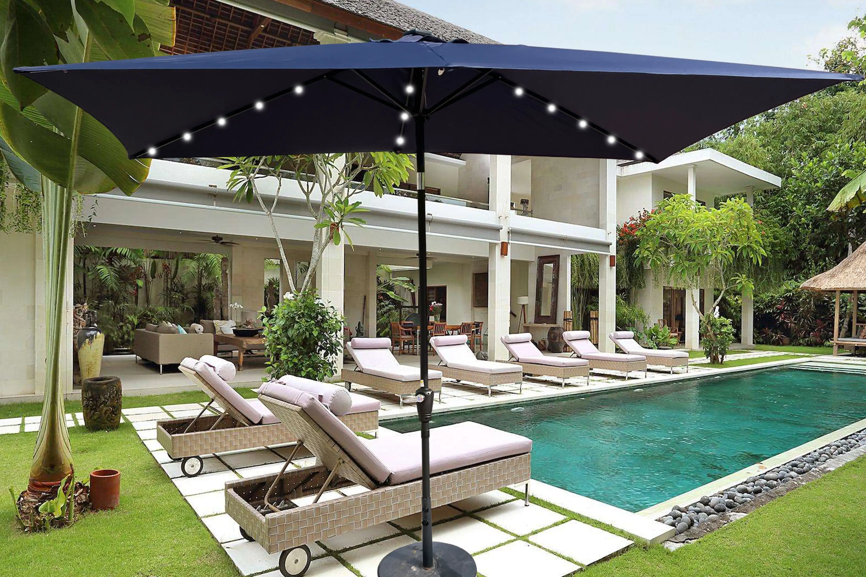 Clearance! 10 x 6.5t Rectangular Patio Solar LED Lighted Outdoor Umbrellas with Crank and Push Button Tilt for Garden Backyard Pool Swimming Pool