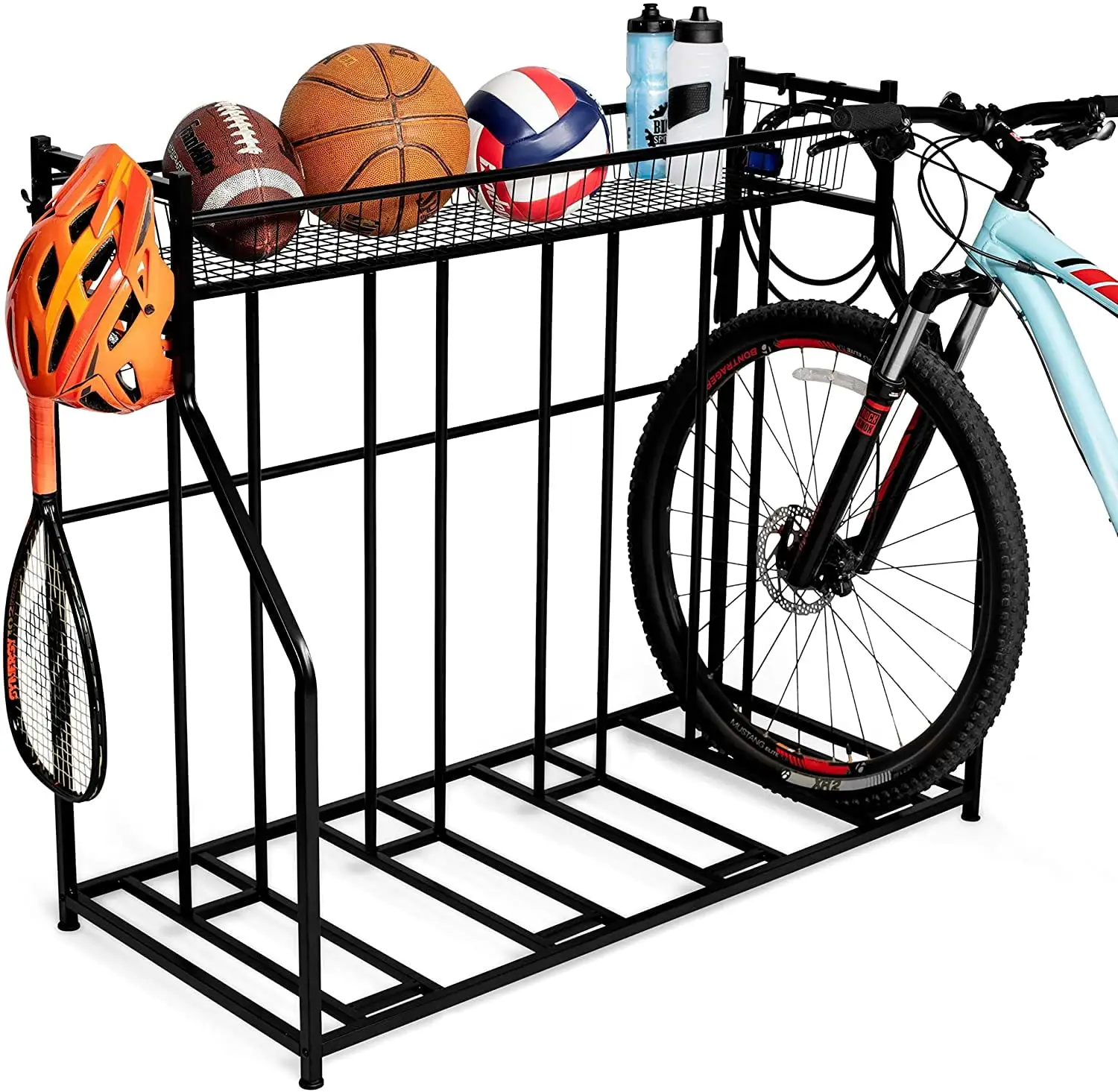 4 Bike Stand Rack with Storage ?C Great for Parking Road. Mountain. Hybrid or Kids Bikes ?C Garage Organizer - Helmet - Sports Storage Station. Black