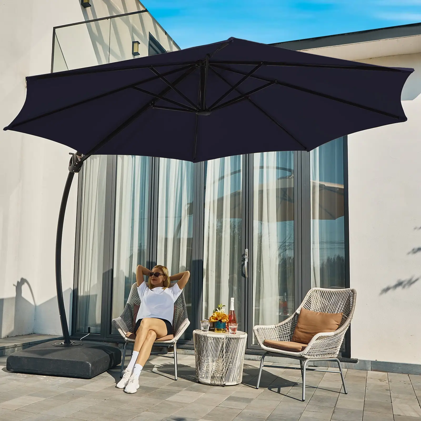 Wulful 12 ft Heavy Duty Curvy Hanging Offset Cantilever Umbrella with Sandbag. Navy