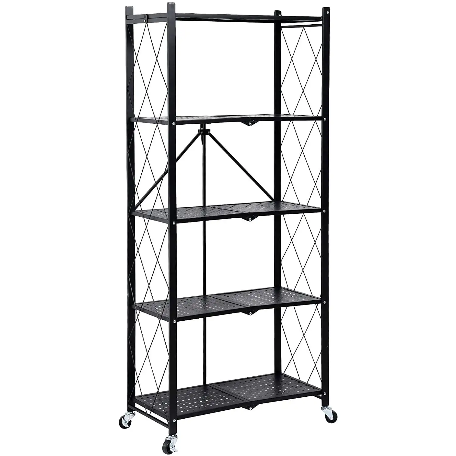 imerelez 5-Tier Heavy Duty Foldable Metal Rack Storage Shelving Unit with Wheels Moving Easily Organizer Shelves Great for Garage Kitchen Holds up to 1250 lbs Capacity. Black