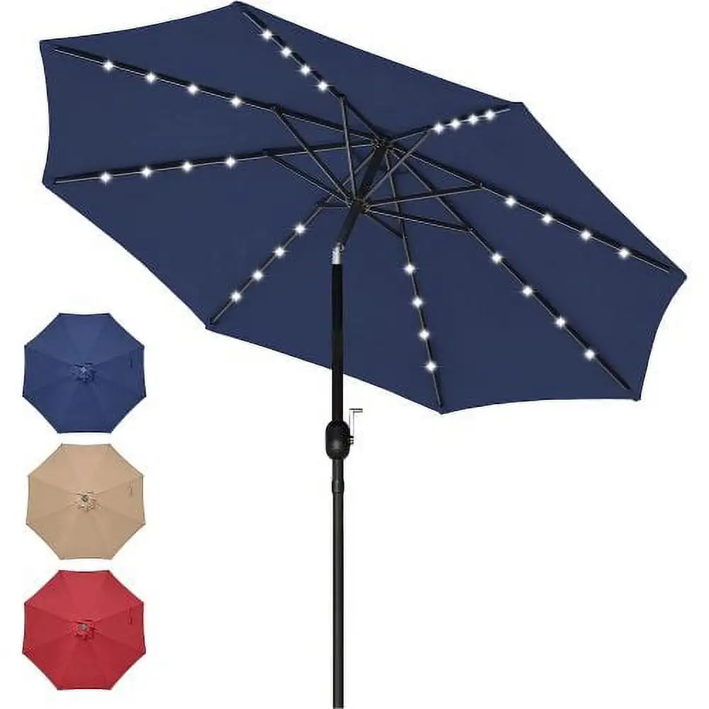 imerelez 9' Solar Umbrella 32 LED Lighted Patio Umbrella Table Market Umbrella with Push Button Tilt/Crank Outdoor Umbrella for Garden. Deck. Backyard and Pool. Dark Blue